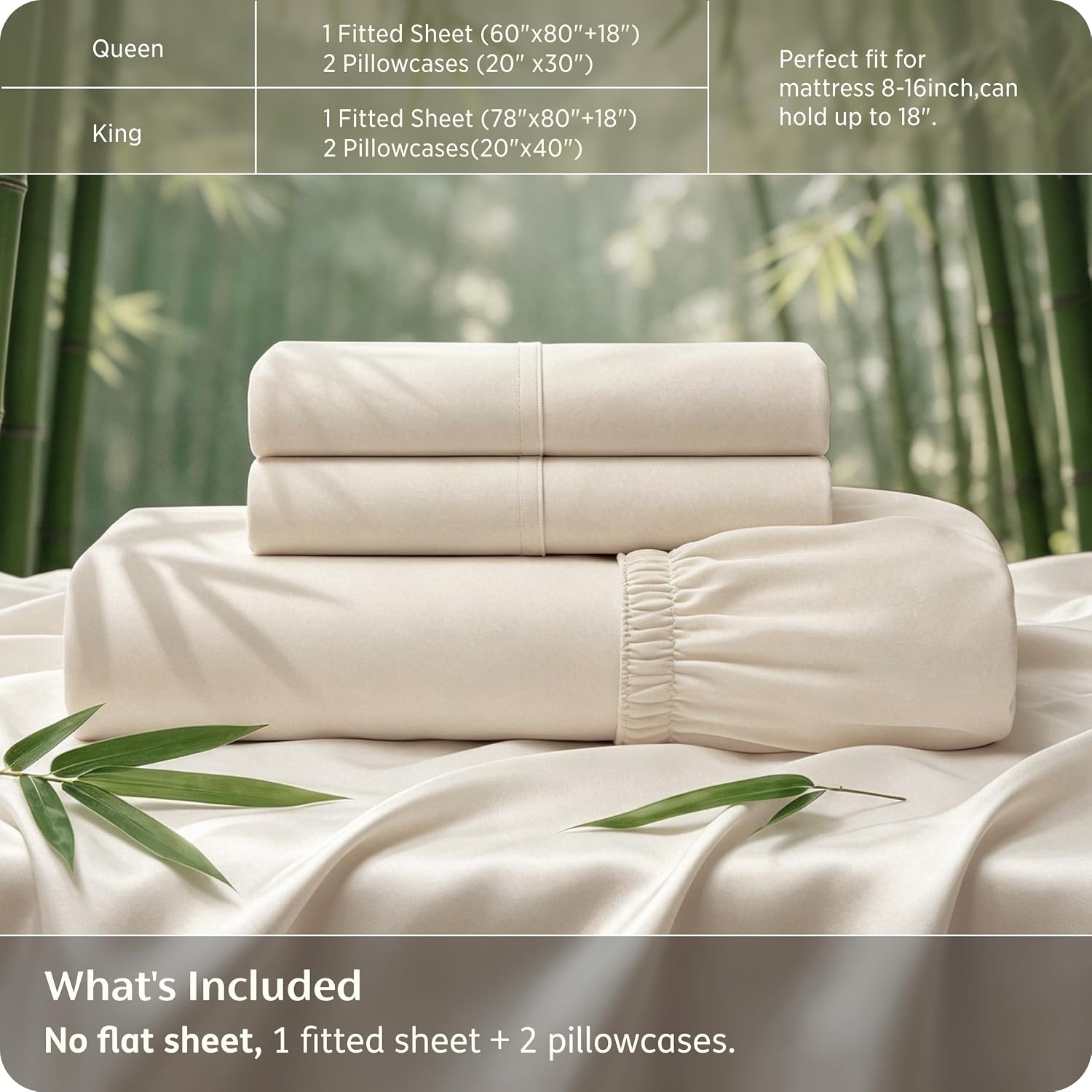 image:imageBedsure PureWoven 100 Viscose Derived from Bamboo King Size Sheet Set 3PCS Organically Grown 18 Deep Pocket Cooling Fitted Sheet Set for Hot Sleepers Luxury Silky Soft No Flat Sheet White02 Beige
