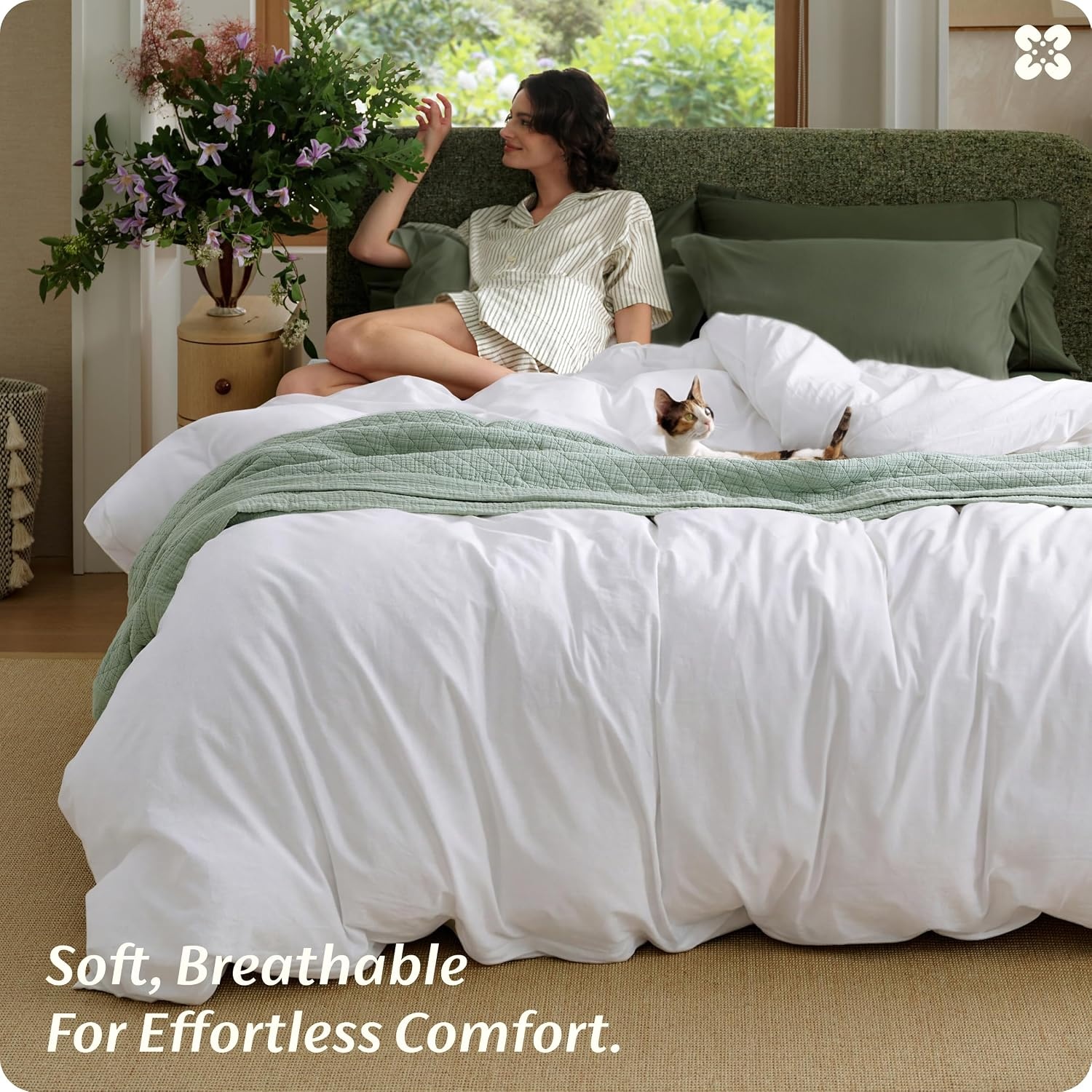image:imageBedsure PureWoven 100 Washed Cotton Duvet Cover Only QueenFrosted Almond Linen Like Textured Minimalist Bedding Plain Soft for All Seasons Zipper Closure 8 Corner Ties Good Housekeeping Seal06 Bright White Duvet Cover Only