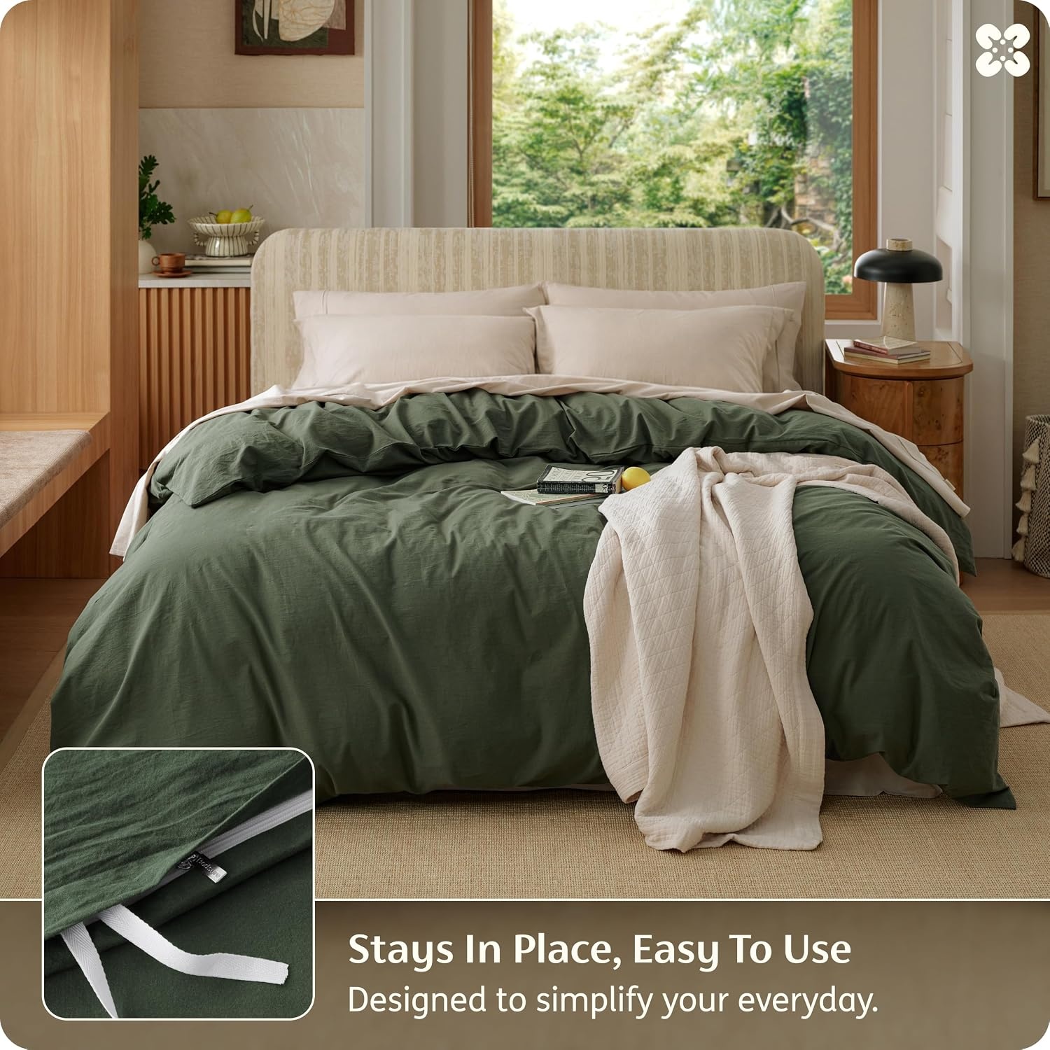 image:imageBedsure PureWoven 100 Washed Cotton Duvet Cover Only QueenFrosted Almond Linen Like Textured Minimalist Bedding Plain Soft for All Seasons Zipper Closure 8 Corner Ties Good Housekeeping Seal04 Olive Green Duvet Cover Only