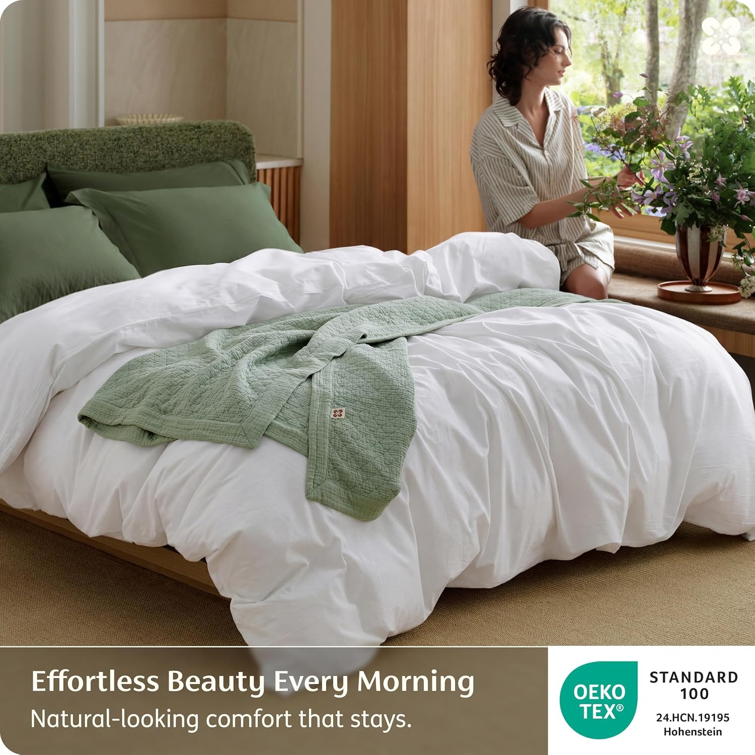 image:imageBedsure PureWoven 100 Washed Cotton Duvet Cover Only QueenFrosted Almond Linen Like Textured Minimalist Bedding Plain Soft for All Seasons Zipper Closure 8 Corner Ties Good Housekeeping Seal06 Bright White Duvet Cover Only