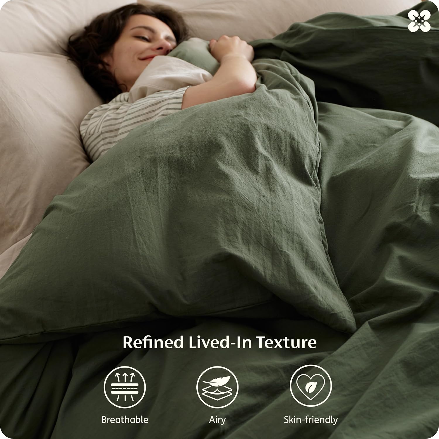 image:imageBedsure PureWoven 100 Washed Cotton Duvet Cover Only QueenFrosted Almond Linen Like Textured Minimalist Bedding Plain Soft for All Seasons Zipper Closure 8 Corner Ties Good Housekeeping Seal04 Olive Green Duvet Cover Only