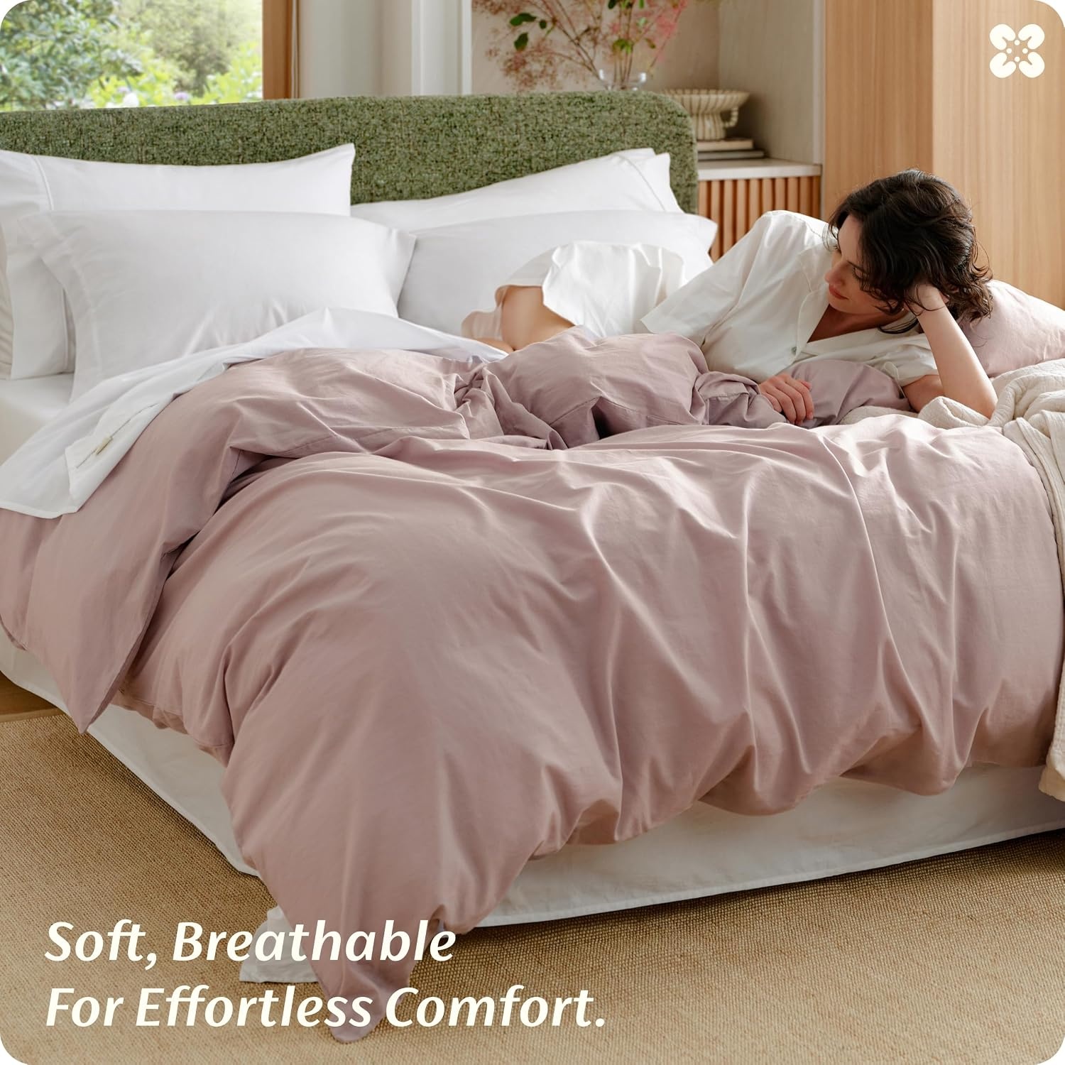 image:imageBedsure PureWoven 100 Washed Cotton Duvet Cover Only QueenFrosted Almond Linen Like Textured Minimalist Bedding Plain Soft for All Seasons Zipper Closure 8 Corner Ties Good Housekeeping Seal07 Petal Pink Duvet Cover Only