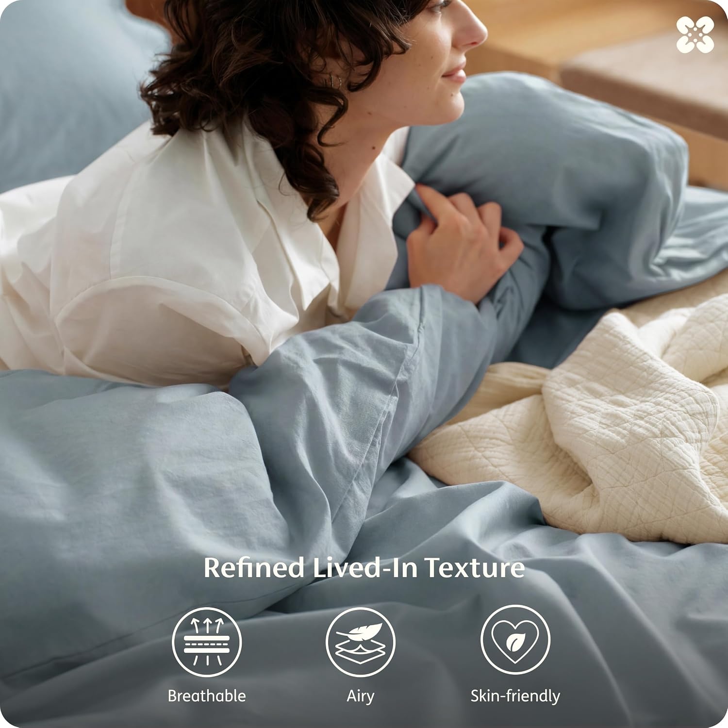 image:imageBedsure PureWoven 100 Washed Cotton Duvet Cover Only QueenFrosted Almond Linen Like Textured Minimalist Bedding Plain Soft for All Seasons Zipper Closure 8 Corner Ties Good Housekeeping Seal05 Dusty Blue Duvet Cover Only