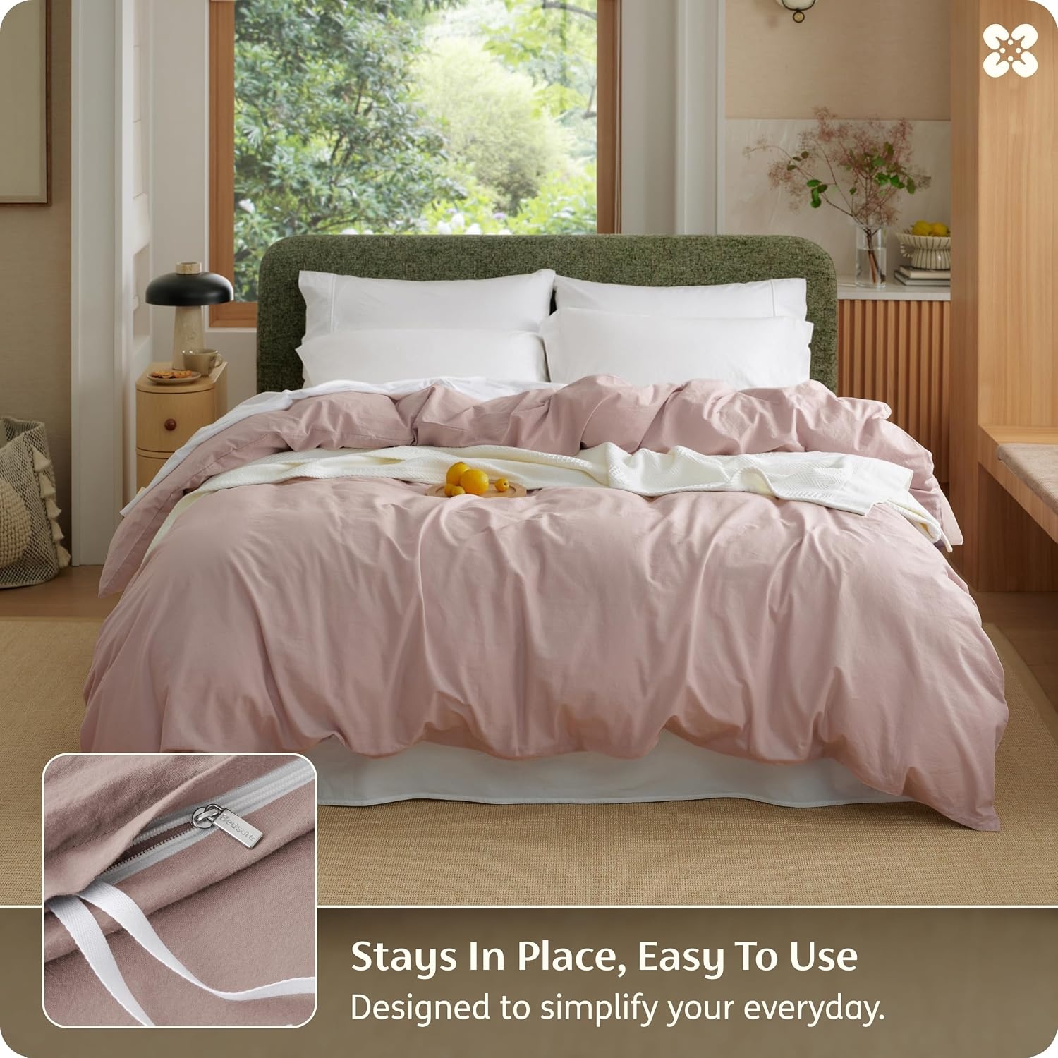 image:imageBedsure PureWoven 100 Washed Cotton Duvet Cover Only QueenFrosted Almond Linen Like Textured Minimalist Bedding Plain Soft for All Seasons Zipper Closure 8 Corner Ties Good Housekeeping Seal07 Petal Pink Duvet Cover Only