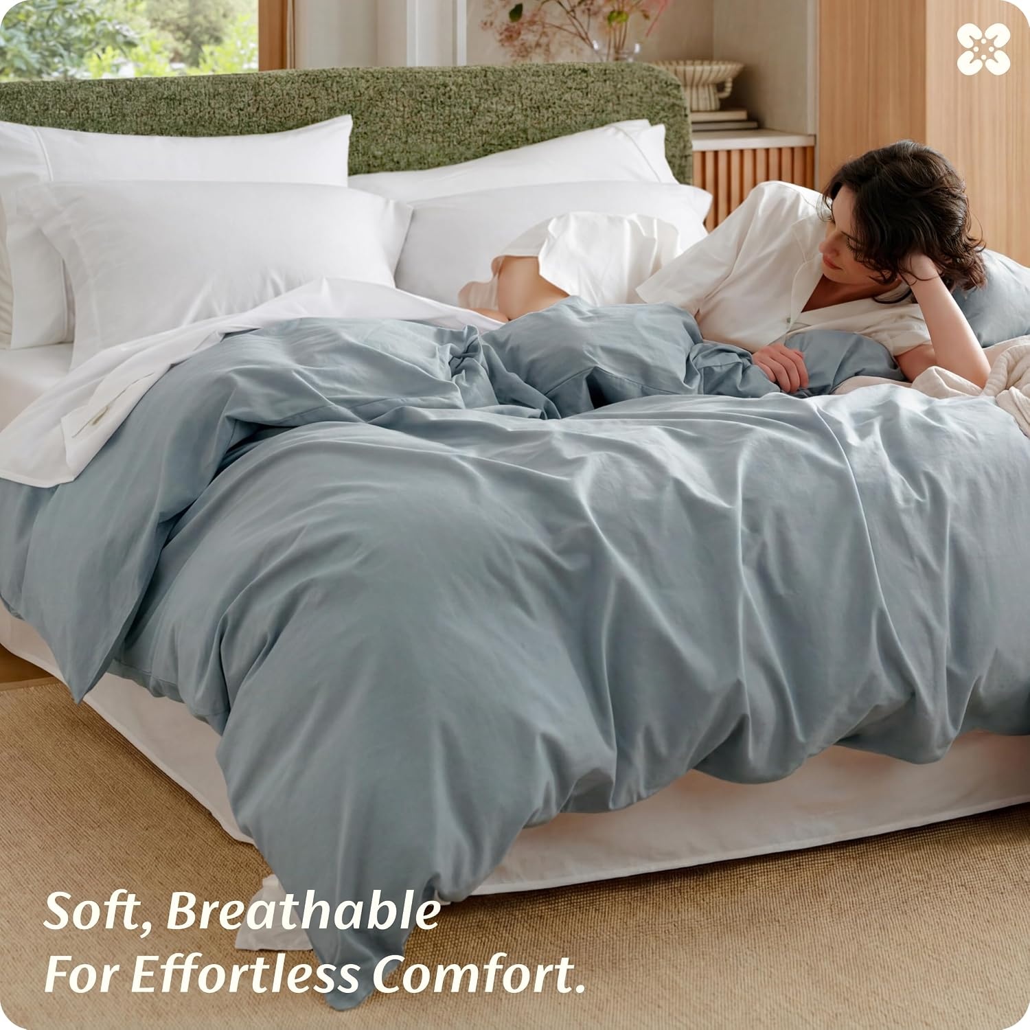 image:imageBedsure PureWoven 100 Washed Cotton Duvet Cover Only QueenFrosted Almond Linen Like Textured Minimalist Bedding Plain Soft for All Seasons Zipper Closure 8 Corner Ties Good Housekeeping Seal05 Dusty Blue Duvet Cover Only