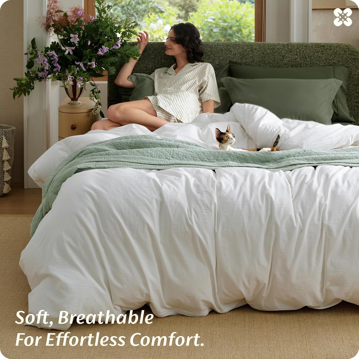 image:imageBedsure PureWoven 100 Washed Cotton Duvet Cover Only QueenFrosted Almond Linen Like Textured Minimalist Bedding Plain Soft for All Seasons Zipper Closure 8 Corner Ties Good Housekeeping Seal01 Natural White Duvet Cover Only