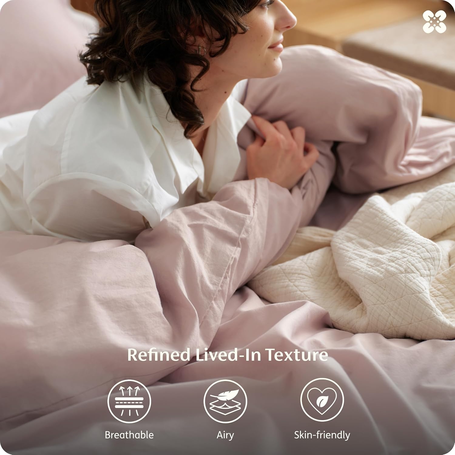 image:imageBedsure PureWoven 100 Washed Cotton Duvet Cover Only QueenFrosted Almond Linen Like Textured Minimalist Bedding Plain Soft for All Seasons Zipper Closure 8 Corner Ties Good Housekeeping Seal07 Petal Pink Duvet Cover Only