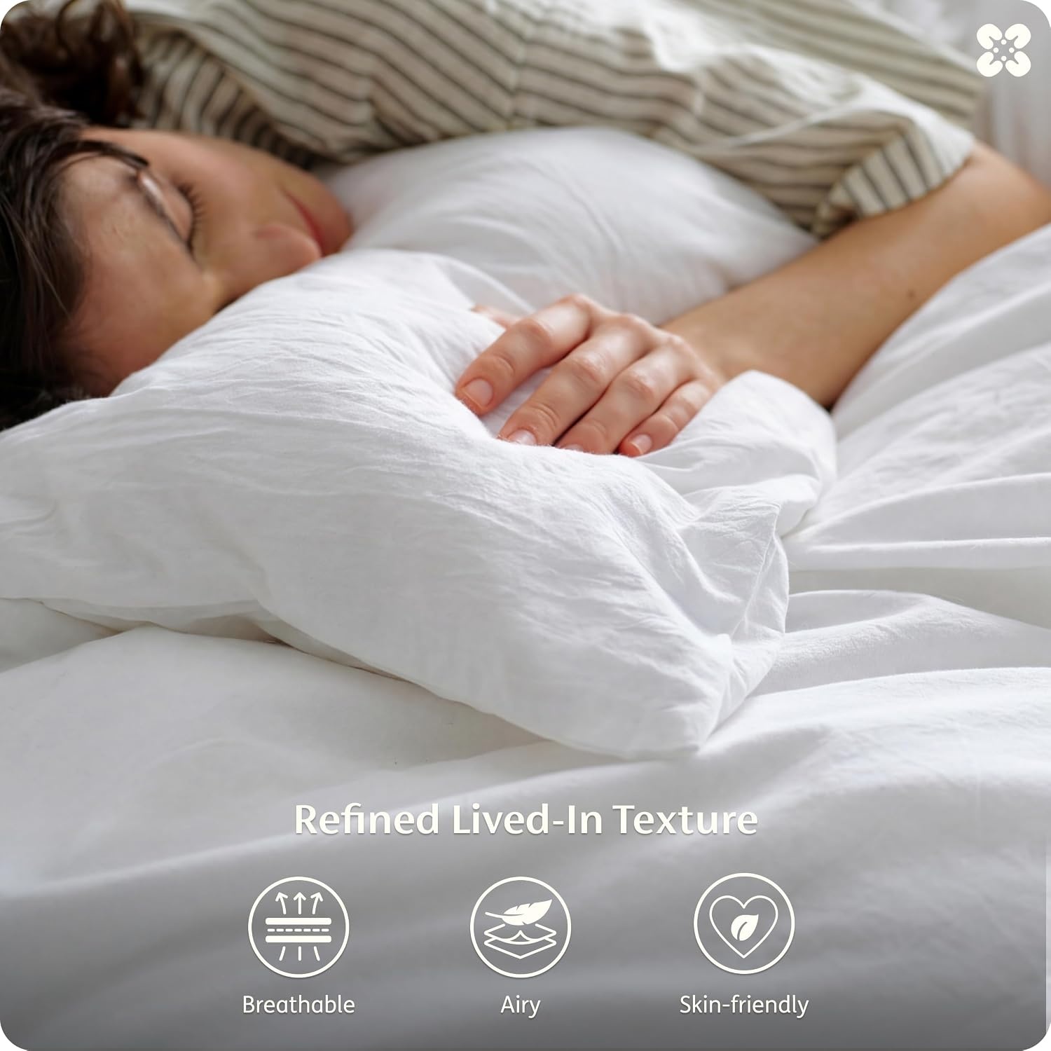 image:imageBedsure PureWoven 100 Washed Cotton Duvet Cover Only QueenFrosted Almond Linen Like Textured Minimalist Bedding Plain Soft for All Seasons Zipper Closure 8 Corner Ties Good Housekeeping Seal06 Bright White Duvet Cover Only