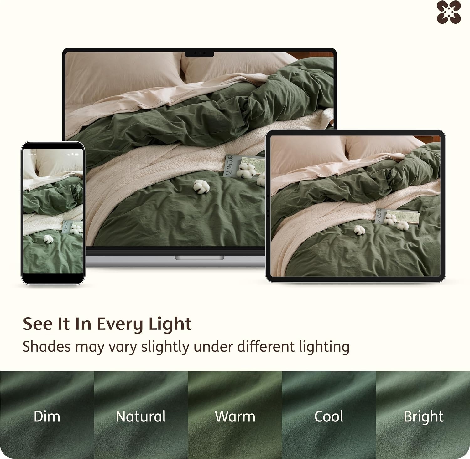 image:imageBedsure PureWoven 100 Washed Cotton Duvet Cover Only QueenFrosted Almond Linen Like Textured Minimalist Bedding Plain Soft for All Seasons Zipper Closure 8 Corner Ties Good Housekeeping Seal04 Olive Green Duvet Cover Only