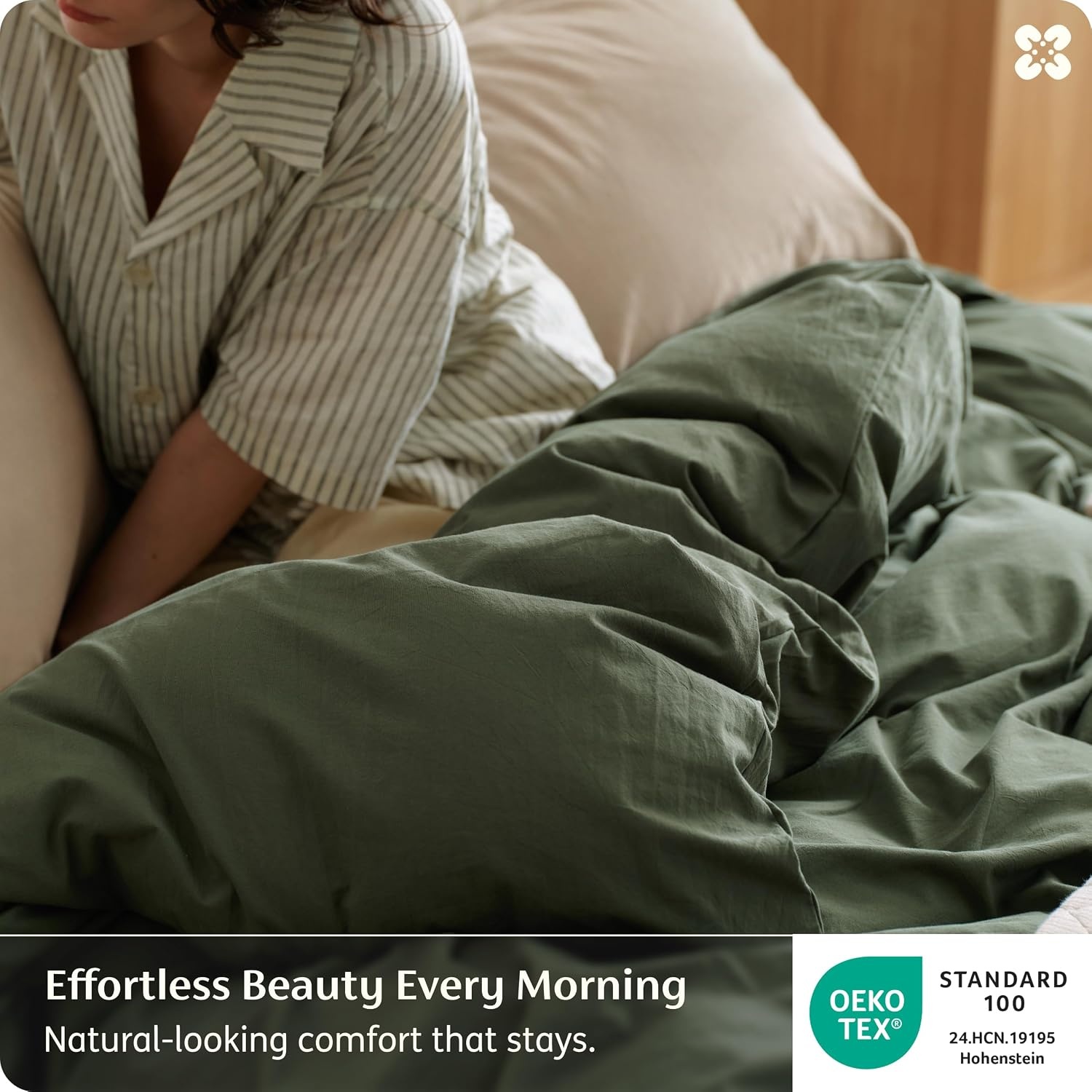 image:imageBedsure PureWoven 100 Washed Cotton Duvet Cover Only QueenFrosted Almond Linen Like Textured Minimalist Bedding Plain Soft for All Seasons Zipper Closure 8 Corner Ties Good Housekeeping Seal04 Olive Green Duvet Cover Only
