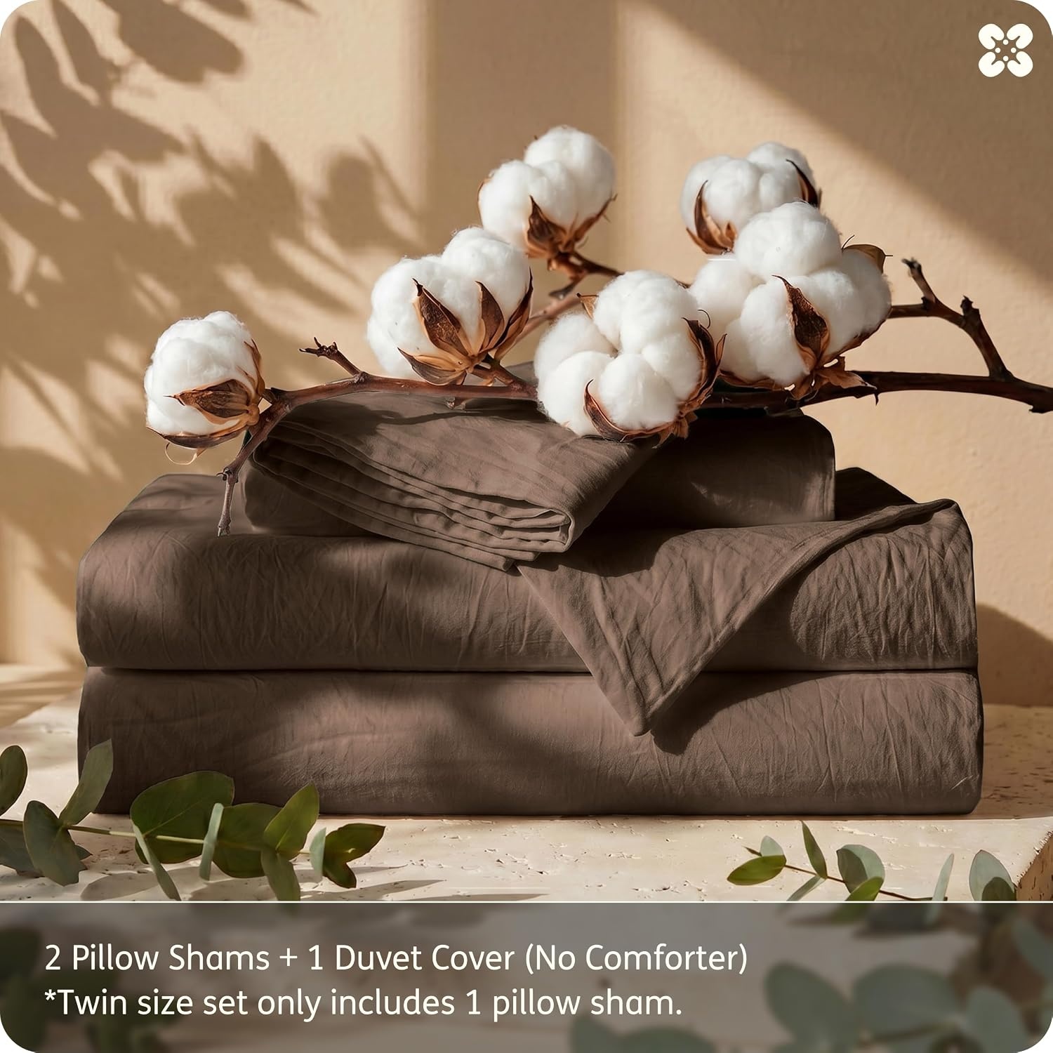 image:imageBedsure PureWoven 100 Washed Cotton Duvet Cover Set Queen Size 3PC Linen Like Texture Percale Breathable Bedding Set for All Seasons Zipper Closure 8 Corner Ties Natural White 90 X 9007 Brown No Comforter