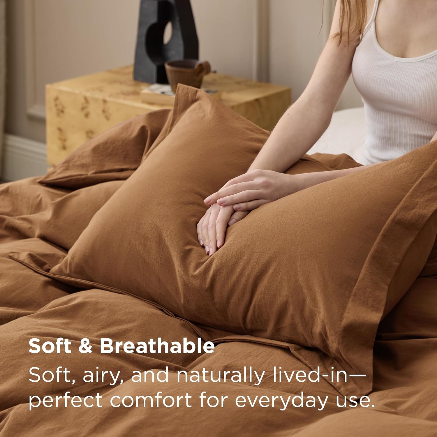 image:imageBedsure PureWoven 100 Washed Cotton Duvet Cover Set Queen Size 3PC Linen Like Texture Percale Breathable Bedding Set for All Seasons Zipper Closure 8 Corner Ties Natural White 90 X 9023 Hazelnut Brown No Comforter