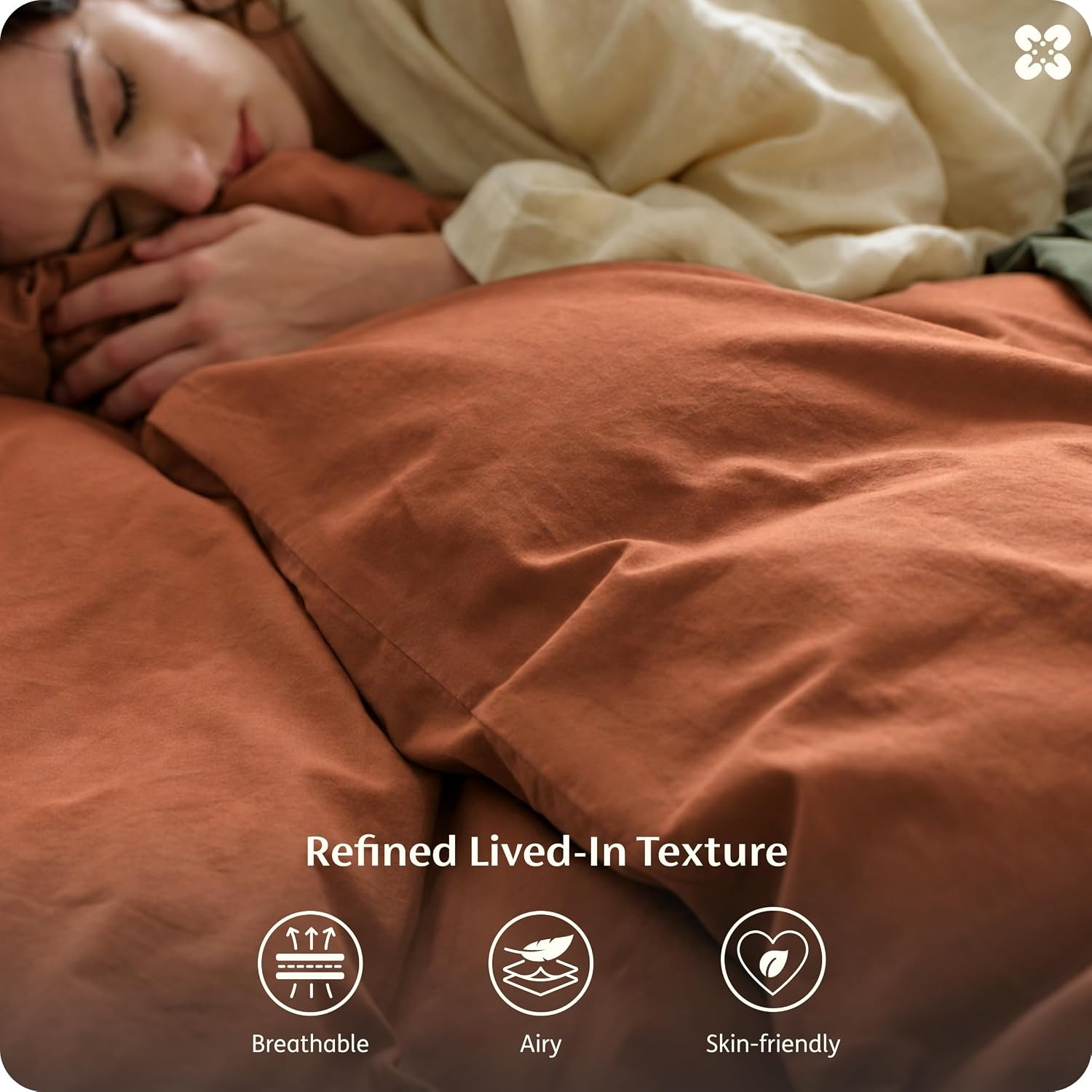 image:imageBedsure PureWoven 100 Washed Cotton Duvet Cover Set Queen Size 3PC Linen Like Texture Percale Breathable Bedding Set for All Seasons Zipper Closure 8 Corner Ties Natural White 90 X 9024 Burnt Orange No Comforter