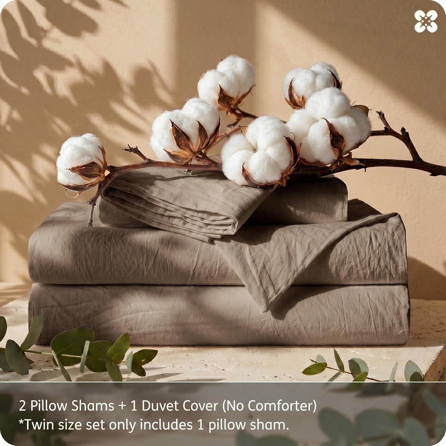 image:imageBedsure PureWoven 100 Washed Cotton Duvet Cover Set Queen Size 3PC Linen Like Texture Percale Breathable Bedding Set for All Seasons Zipper Closure 8 Corner Ties Natural White 90 X 9006 Light Brown No Comforter