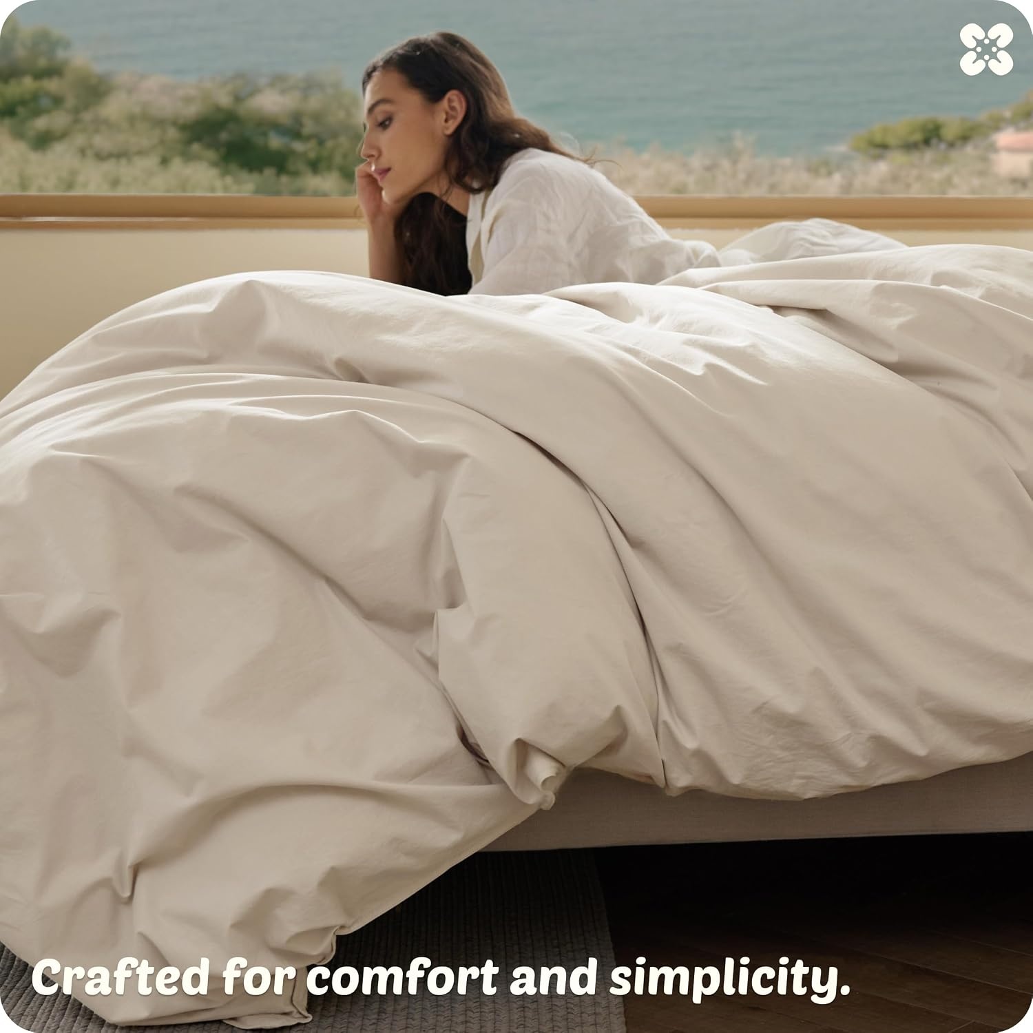 image:imageBedsure PureWoven 100 Washed Cotton Duvet Cover Set Queen Size 3PC Linen Like Texture Percale Breathable Bedding Set for All Seasons Zipper Closure 8 Corner Ties Natural White 90 X 9033 Slub Ivory No Comforter