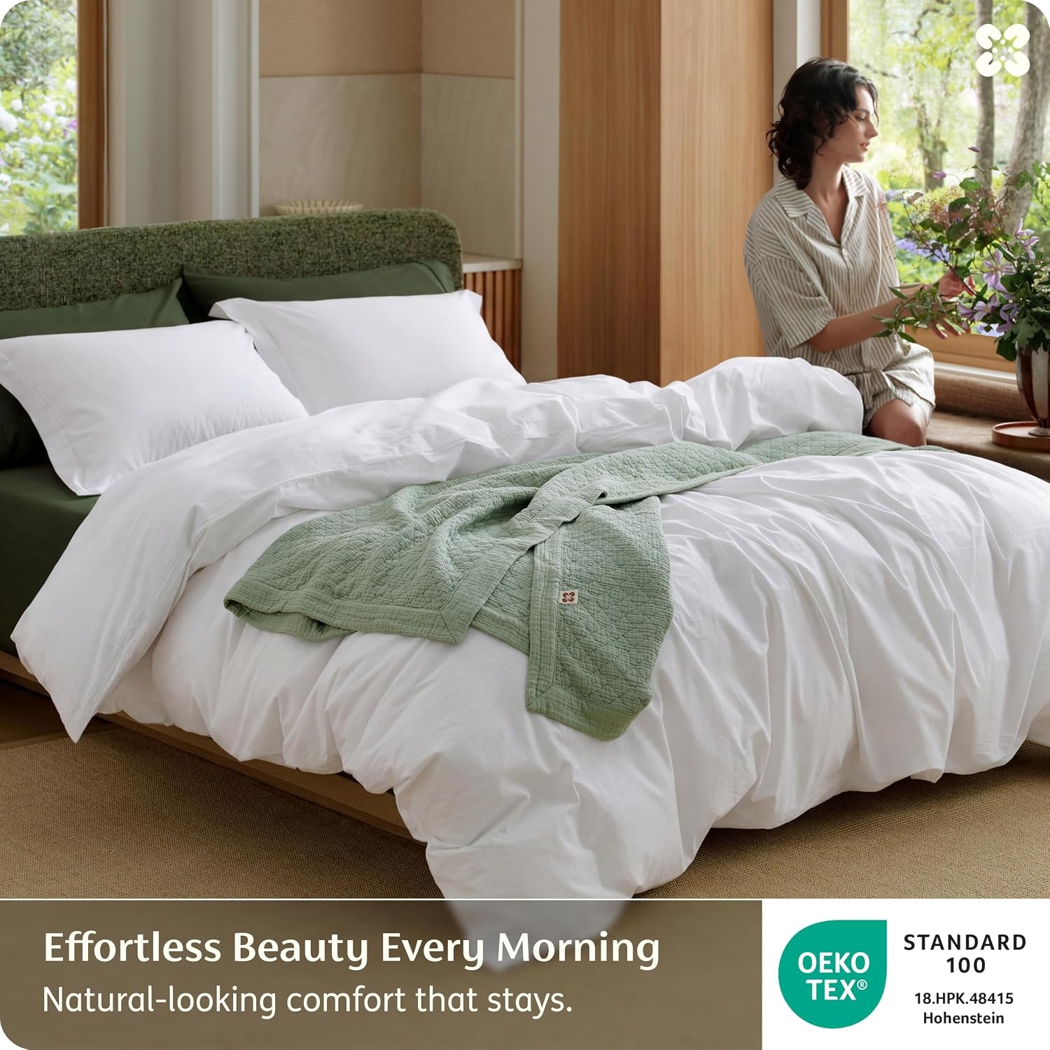 image:imageBedsure PureWoven 100 Washed Cotton Duvet Cover Set Queen Size 3PC Linen Like Texture Percale Breathable Bedding Set for All Seasons Zipper Closure 8 Corner Ties Natural White 90 X 9000 Bright White No Comforter