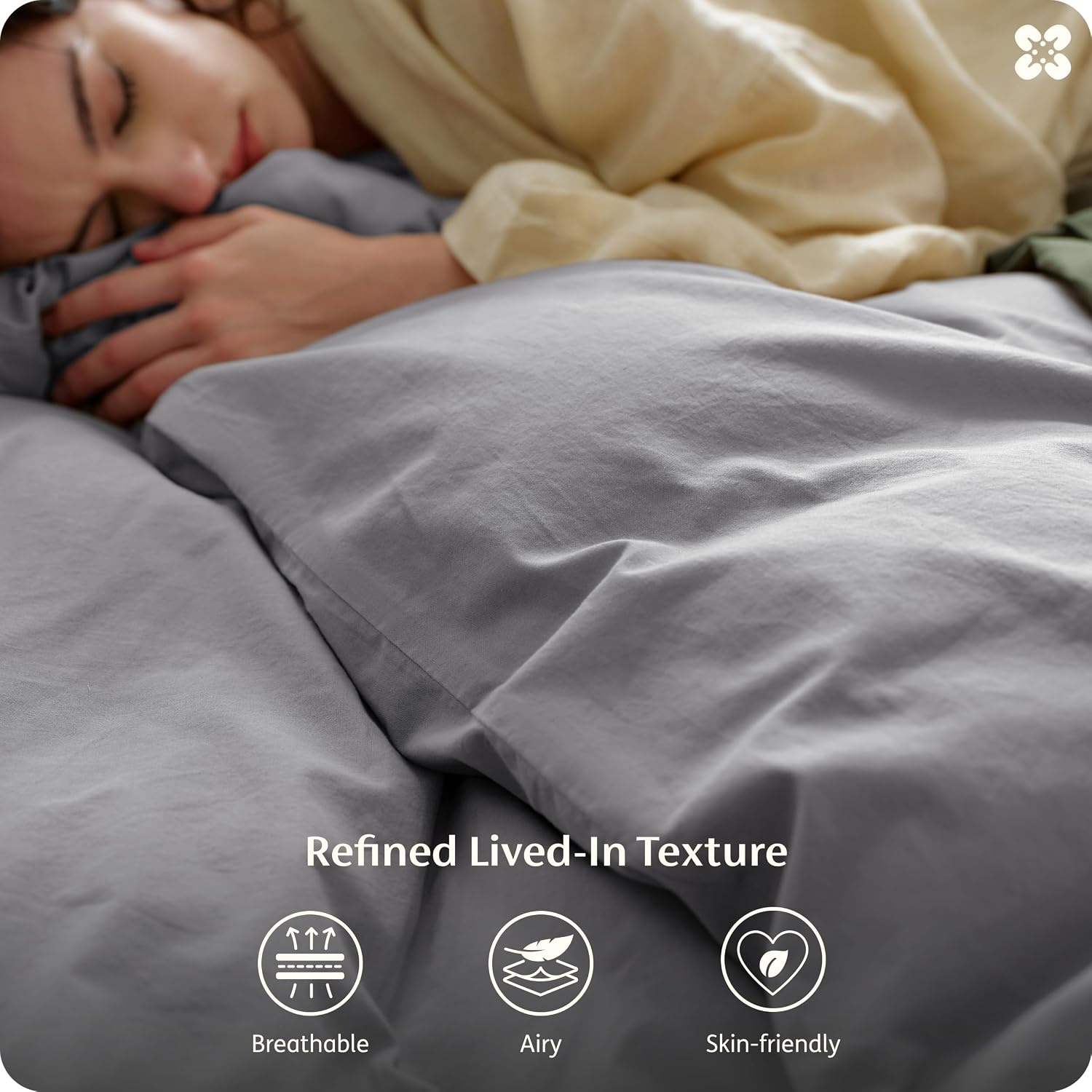 image:imageBedsure PureWoven 100 Washed Cotton Duvet Cover Set Queen Size 3PC Linen Like Texture Percale Breathable Bedding Set for All Seasons Zipper Closure 8 Corner Ties Natural White 90 X 9019 Grey No Comforter