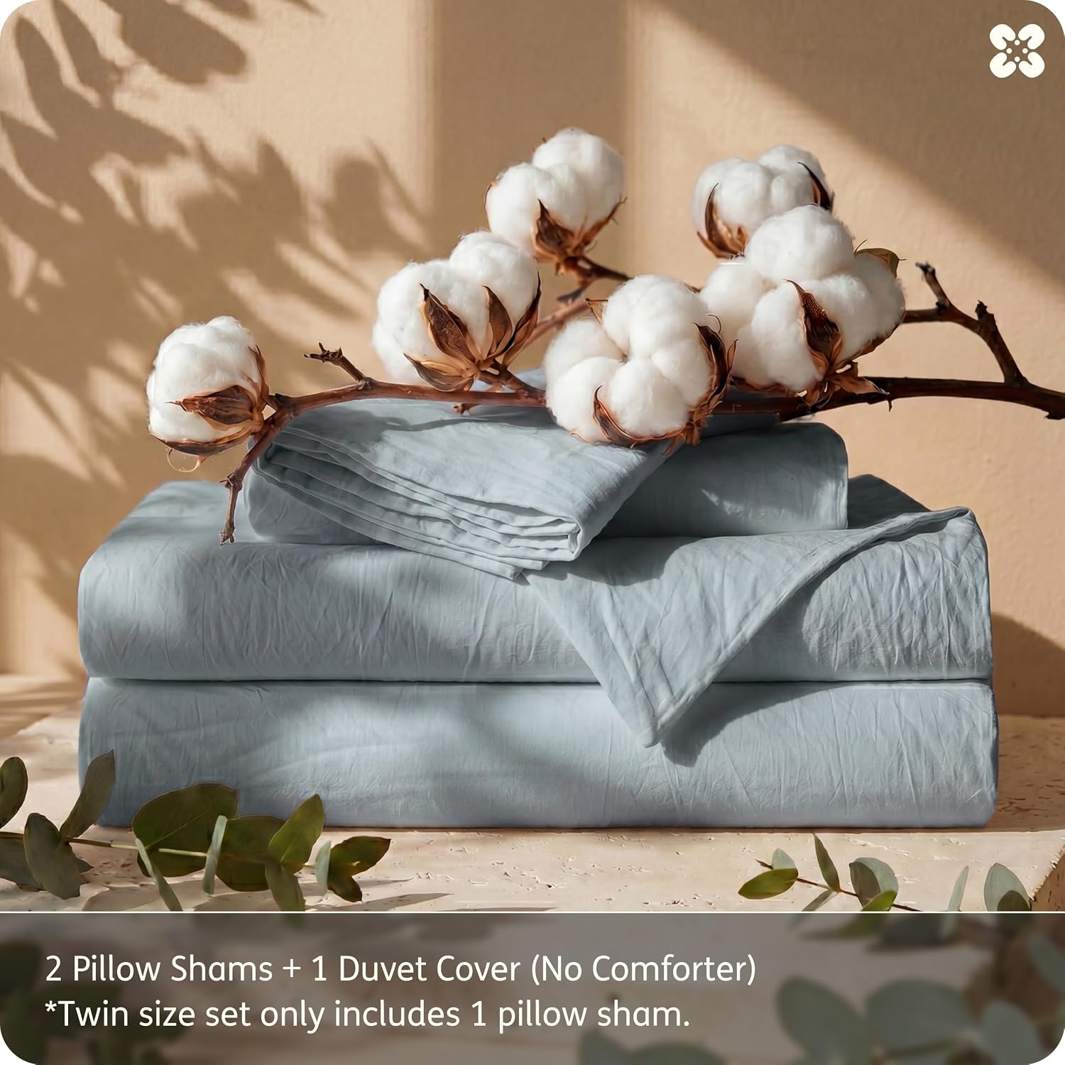image:imageBedsure PureWoven 100 Washed Cotton Duvet Cover Set Queen Size 3PC Linen Like Texture Percale Breathable Bedding Set for All Seasons Zipper Closure 8 Corner Ties Natural White 90 X 9022 Dusty Blue No Comforter