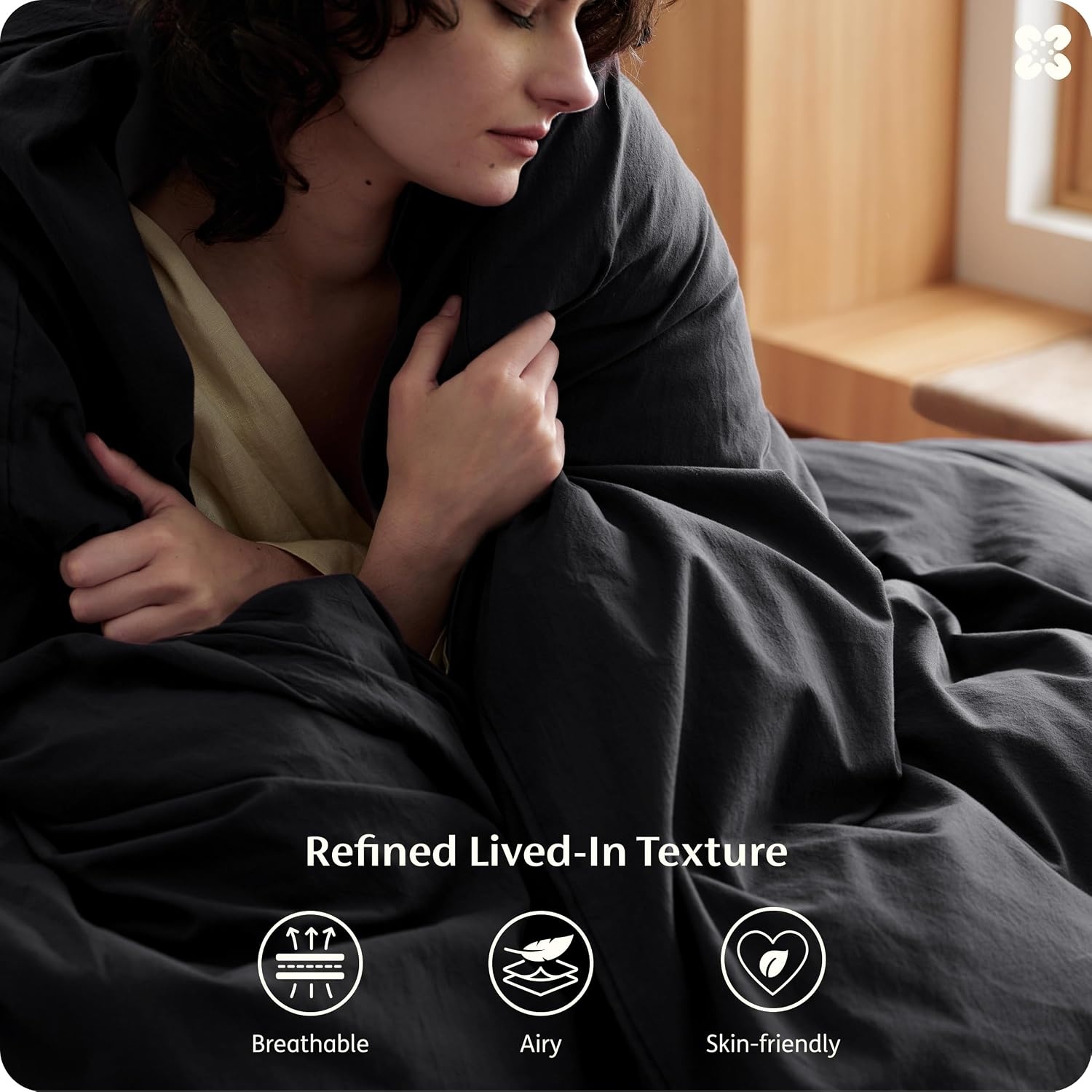 image:imageBedsure PureWoven 100 Washed Cotton Duvet Cover Set Queen Size 3PC Linen Like Texture Percale Breathable Bedding Set for All Seasons Zipper Closure 8 Corner Ties Natural White 90 X 9021 Black No Comforter