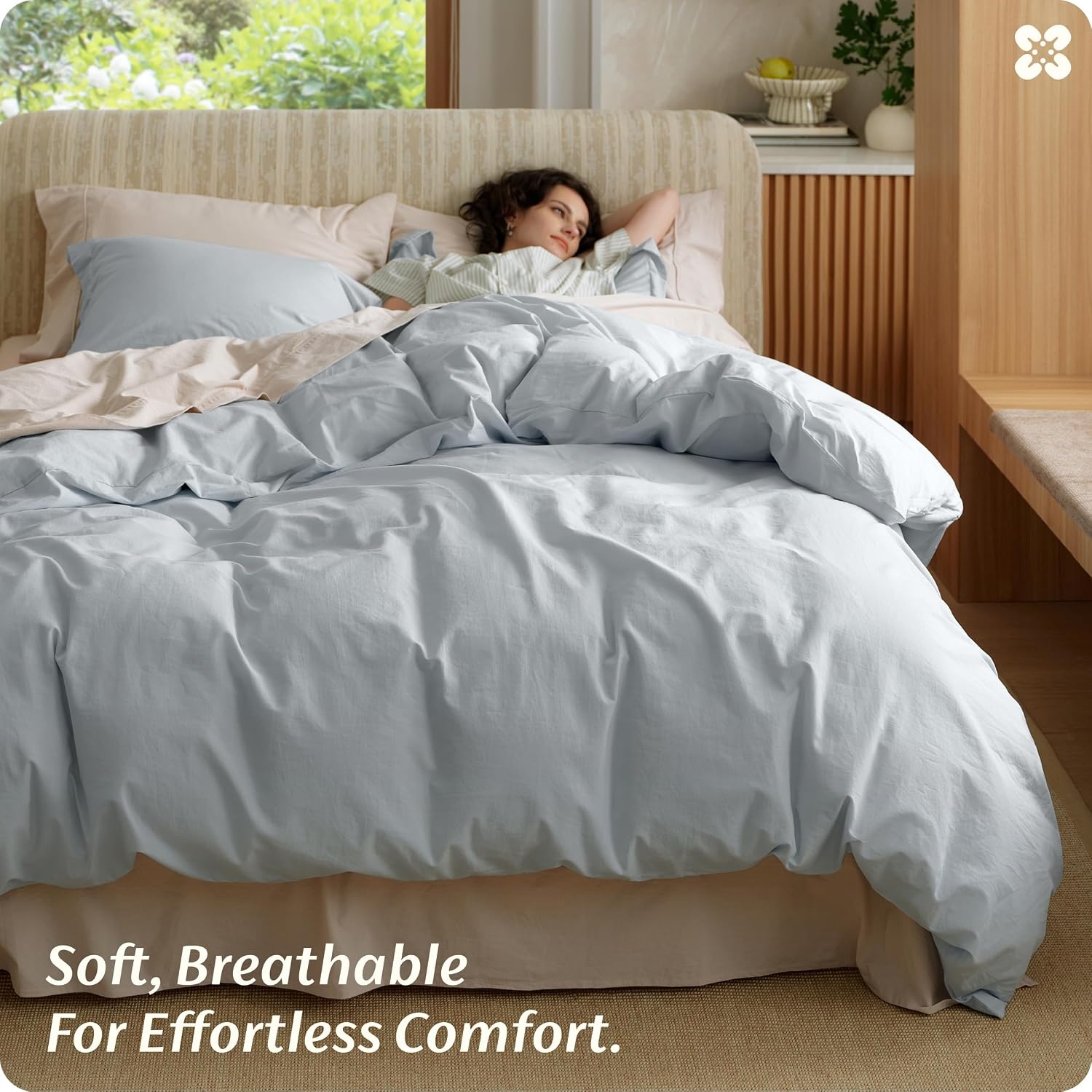image:imageBedsure PureWoven 100 Washed Cotton Duvet Cover Set Queen Size 3PC Linen Like Texture Percale Breathable Bedding Set for All Seasons Zipper Closure 8 Corner Ties Natural White 90 X 9013 Pastel Blue No Comforter