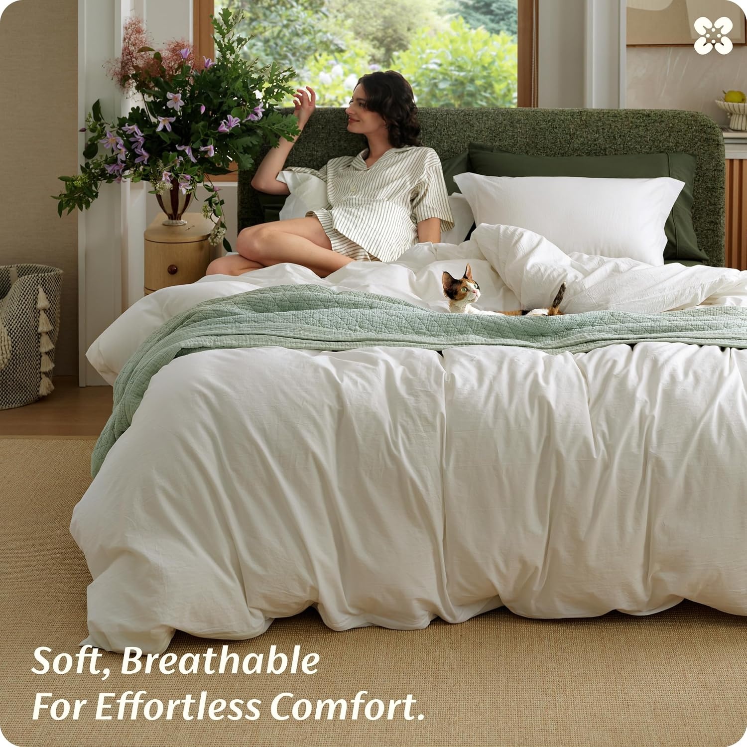 image:imageBedsure PureWoven 100 Washed Cotton Duvet Cover Set Queen Size 3PC Linen Like Texture Percale Breathable Bedding Set for All Seasons Zipper Closure 8 Corner Ties Natural White 90 X 9008 Ivory No Comforter