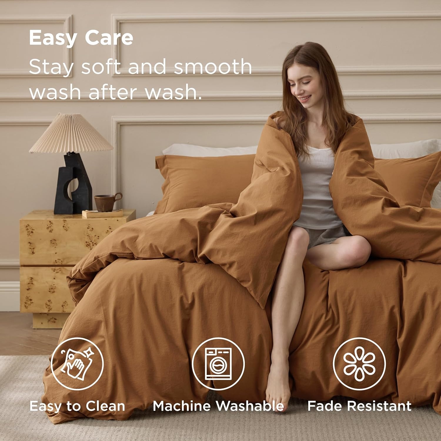 image:imageBedsure PureWoven 100 Washed Cotton Duvet Cover Set Queen Size 3PC Linen Like Texture Percale Breathable Bedding Set for All Seasons Zipper Closure 8 Corner Ties Natural White 90 X 9023 Hazelnut Brown No Comforter
