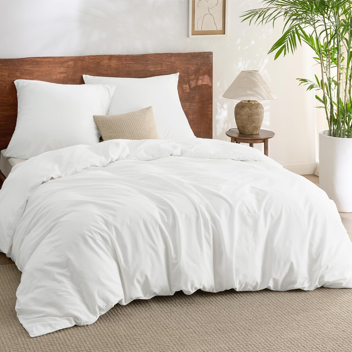 image:imageBedsure PureWoven 100 Washed Cotton Duvet Cover Set Queen Size 3PC Linen Like Texture Percale Breathable Bedding Set for All Seasons Zipper Closure 8 Corner Ties Natural White 90 X 9019 Grey No Comforter