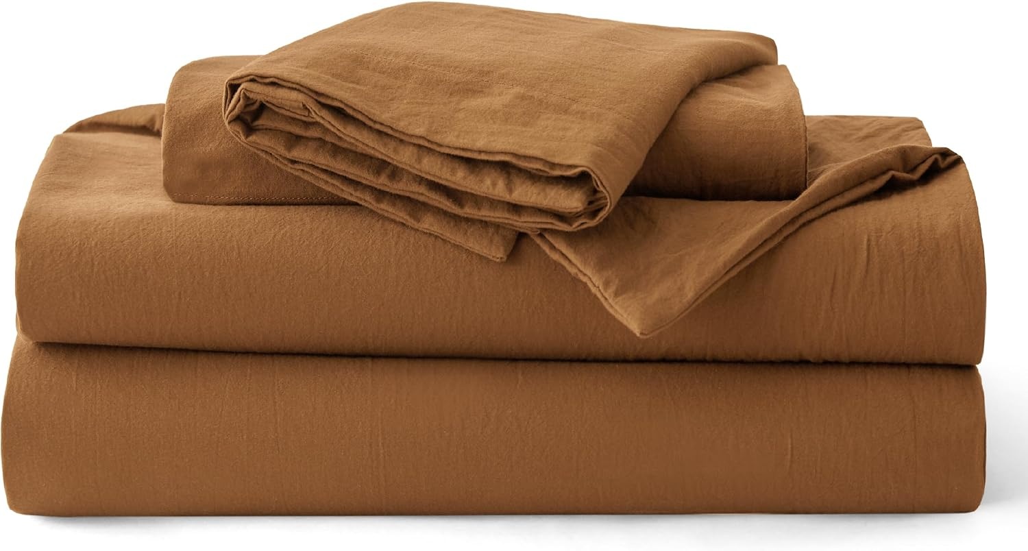 image:imageBedsure PureWoven 100 Washed Cotton Duvet Cover Set Queen Size 3PC Linen Like Texture Percale Breathable Bedding Set for All Seasons Zipper Closure 8 Corner Ties Natural White 90 X 9023 Hazelnut Brown No Comforter