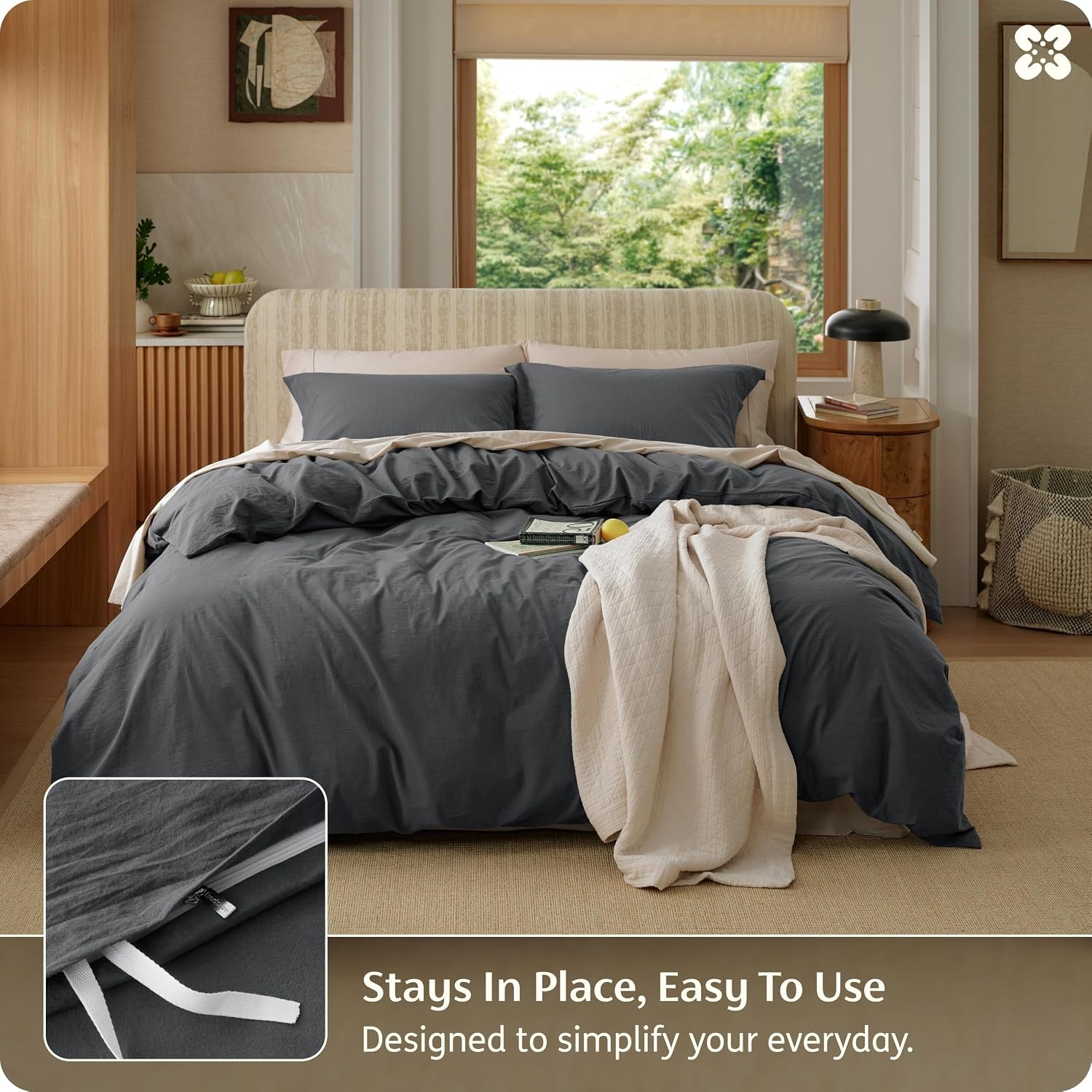 image:imageBedsure PureWoven 100 Washed Cotton Duvet Cover Set Queen Size 3PC Linen Like Texture Percale Breathable Bedding Set for All Seasons Zipper Closure 8 Corner Ties Natural White 90 X 9020 Charcoal No Comforter