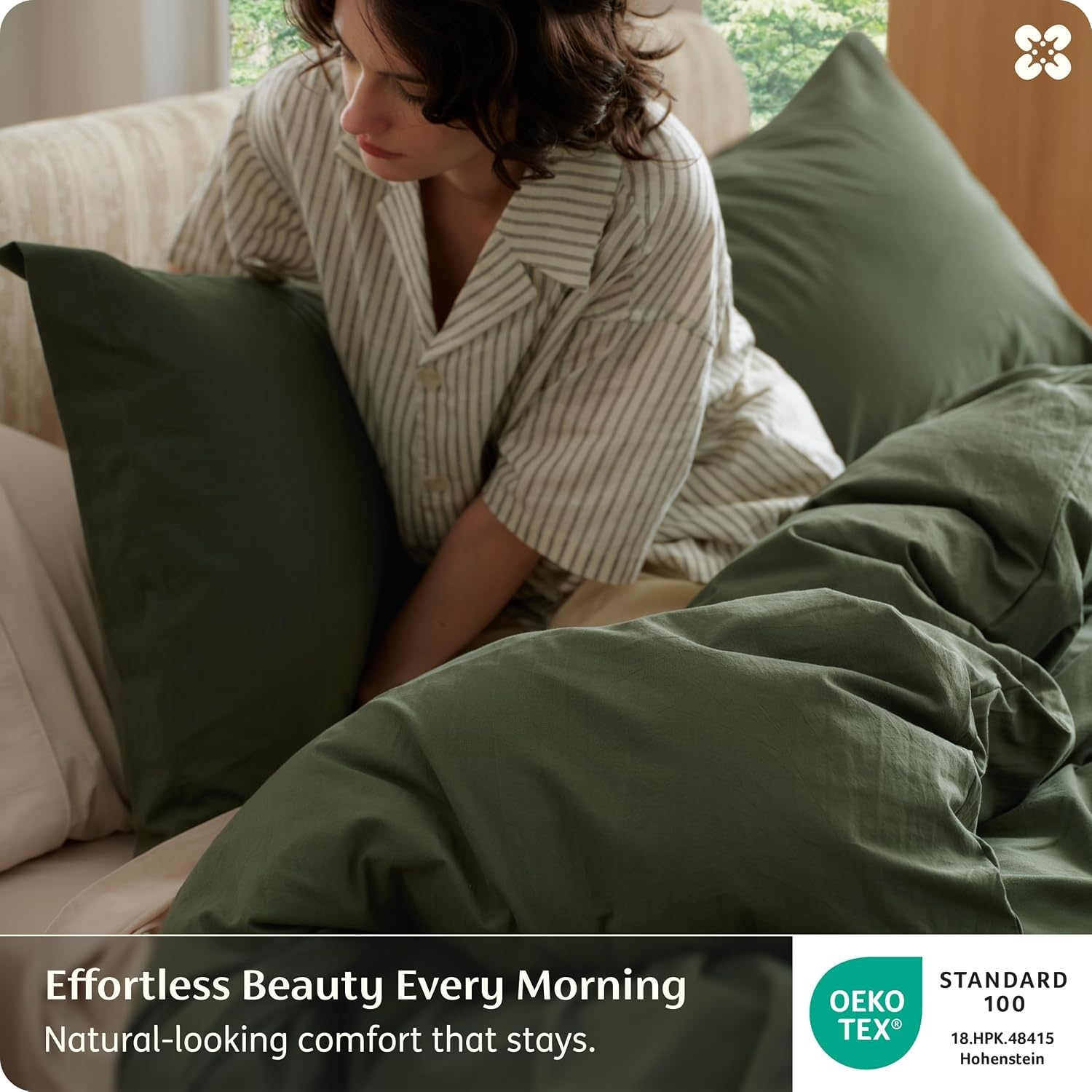 image:imageBedsure PureWoven 100 Washed Cotton Duvet Cover Set Queen Size 3PC Linen Like Texture Percale Breathable Bedding Set for All Seasons Zipper Closure 8 Corner Ties Natural White 90 X 9011 Olive Green No Comforter