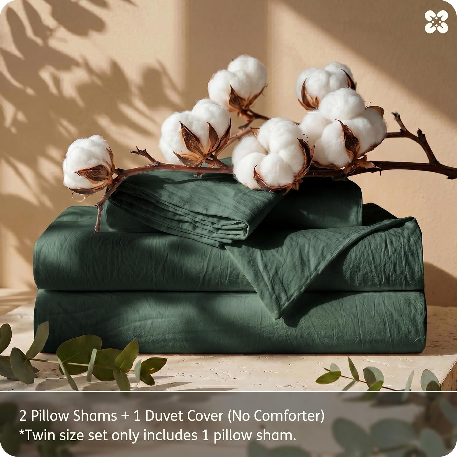 image:imageBedsure PureWoven 100 Washed Cotton Duvet Cover Set Queen Size 3PC Linen Like Texture Percale Breathable Bedding Set for All Seasons Zipper Closure 8 Corner Ties Natural White 90 X 9012 Forest Green No Comforter