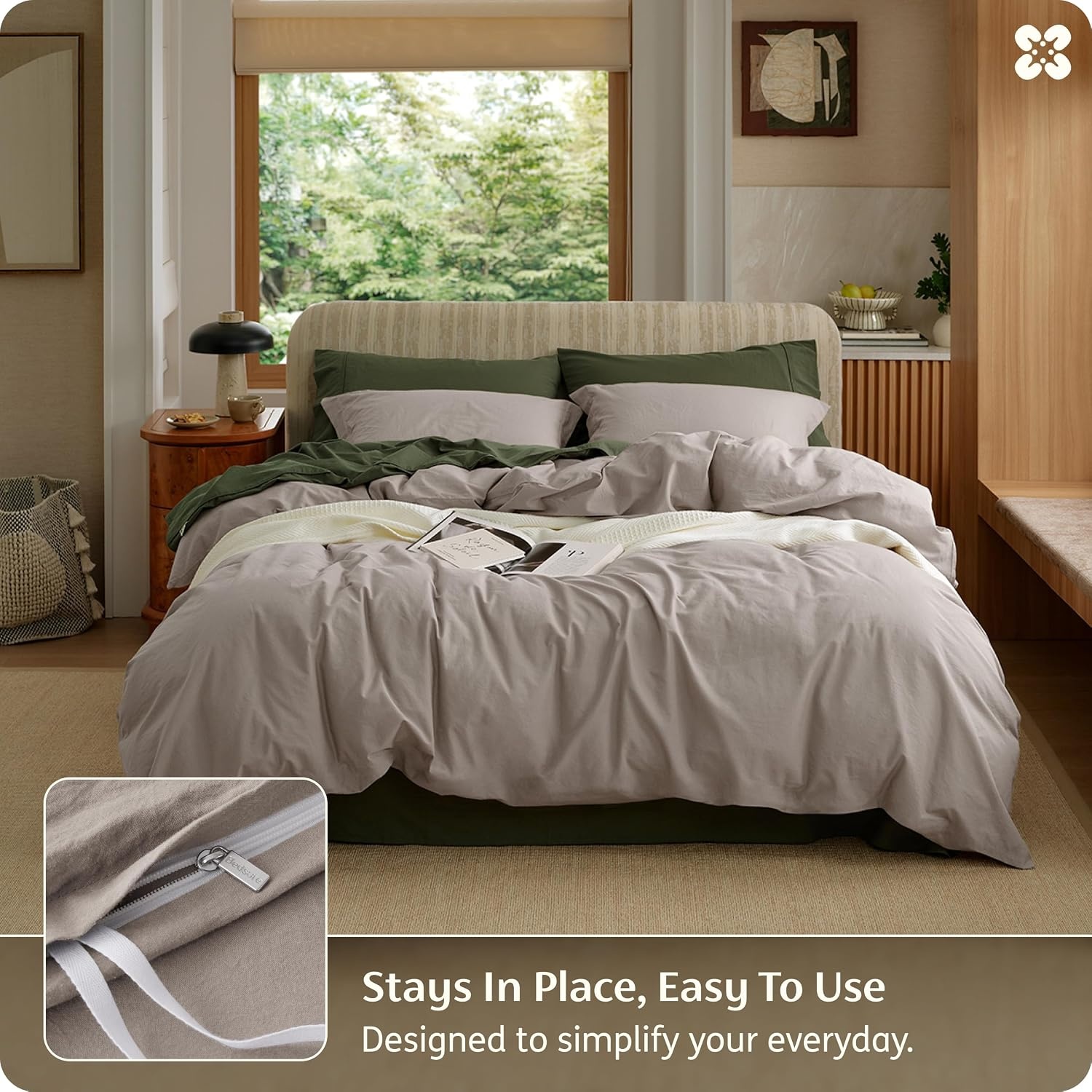 image:imageBedsure PureWoven 100 Washed Cotton Duvet Cover Set Queen Size 3PC Linen Like Texture Percale Breathable Bedding Set for All Seasons Zipper Closure 8 Corner Ties Natural White 90 X 9004 Tan No Comforter