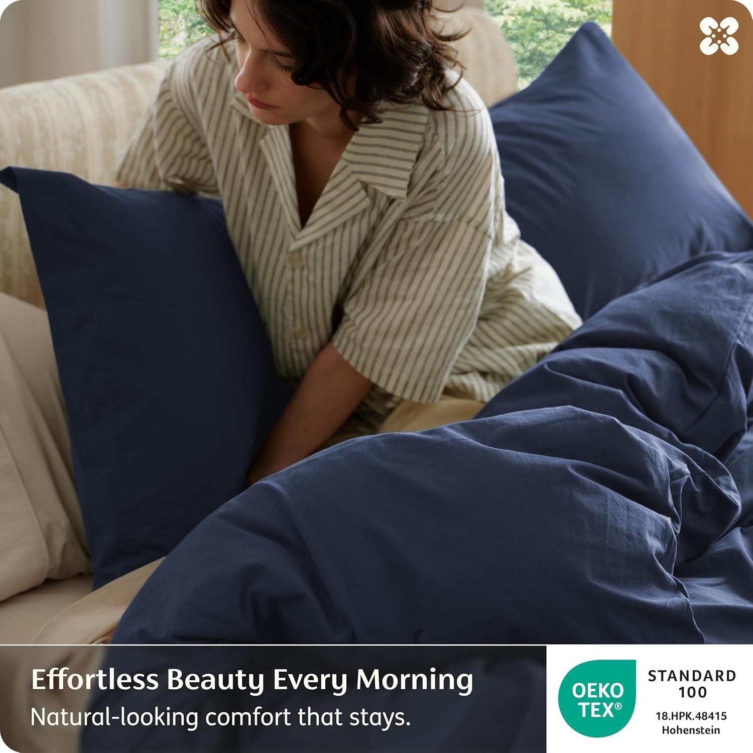 image:imageBedsure PureWoven 100 Washed Cotton Duvet Cover Set Queen Size 3PC Linen Like Texture Percale Breathable Bedding Set for All Seasons Zipper Closure 8 Corner Ties Natural White 90 X 9015 Navy No Comforter
