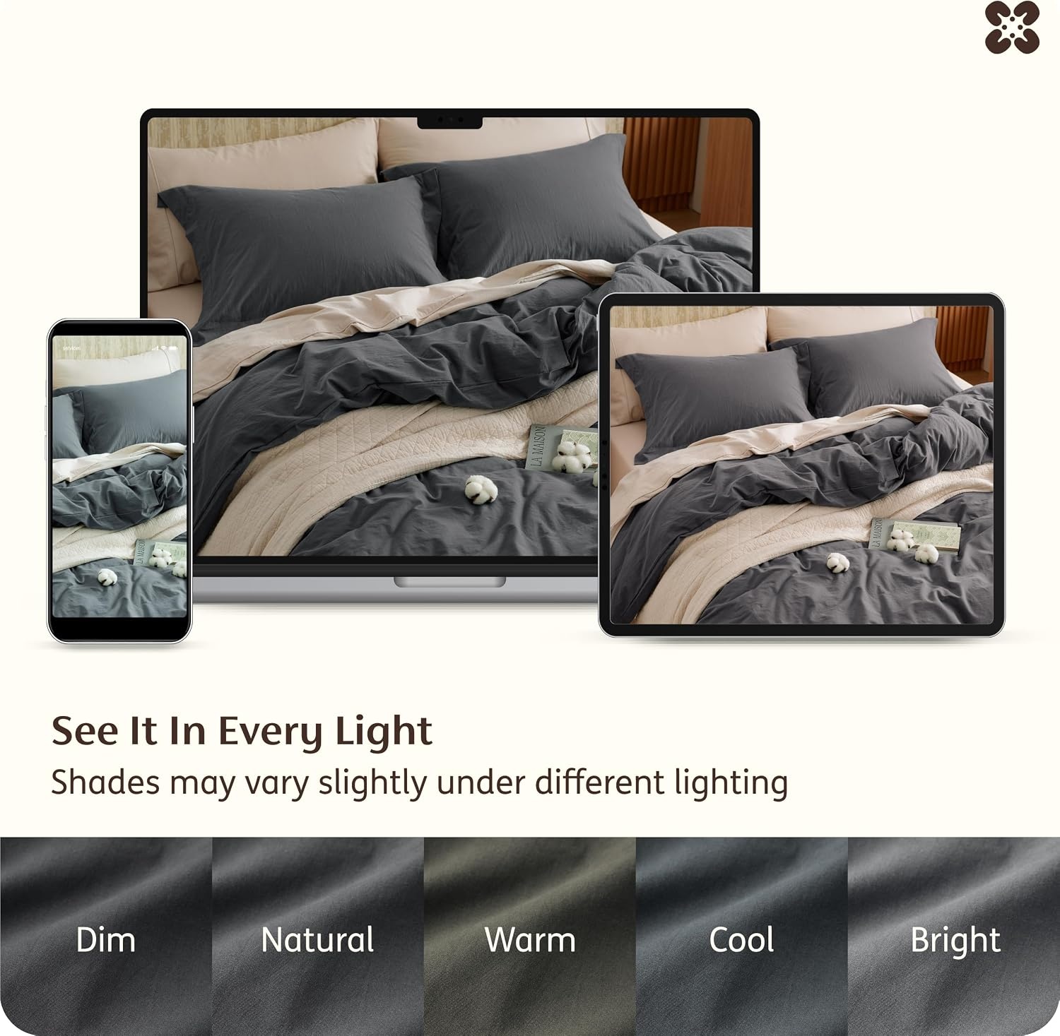 image:imageBedsure PureWoven 100 Washed Cotton Duvet Cover Set Queen Size 3PC Linen Like Texture Percale Breathable Bedding Set for All Seasons Zipper Closure 8 Corner Ties Natural White 90 X 9020 Charcoal No Comforter