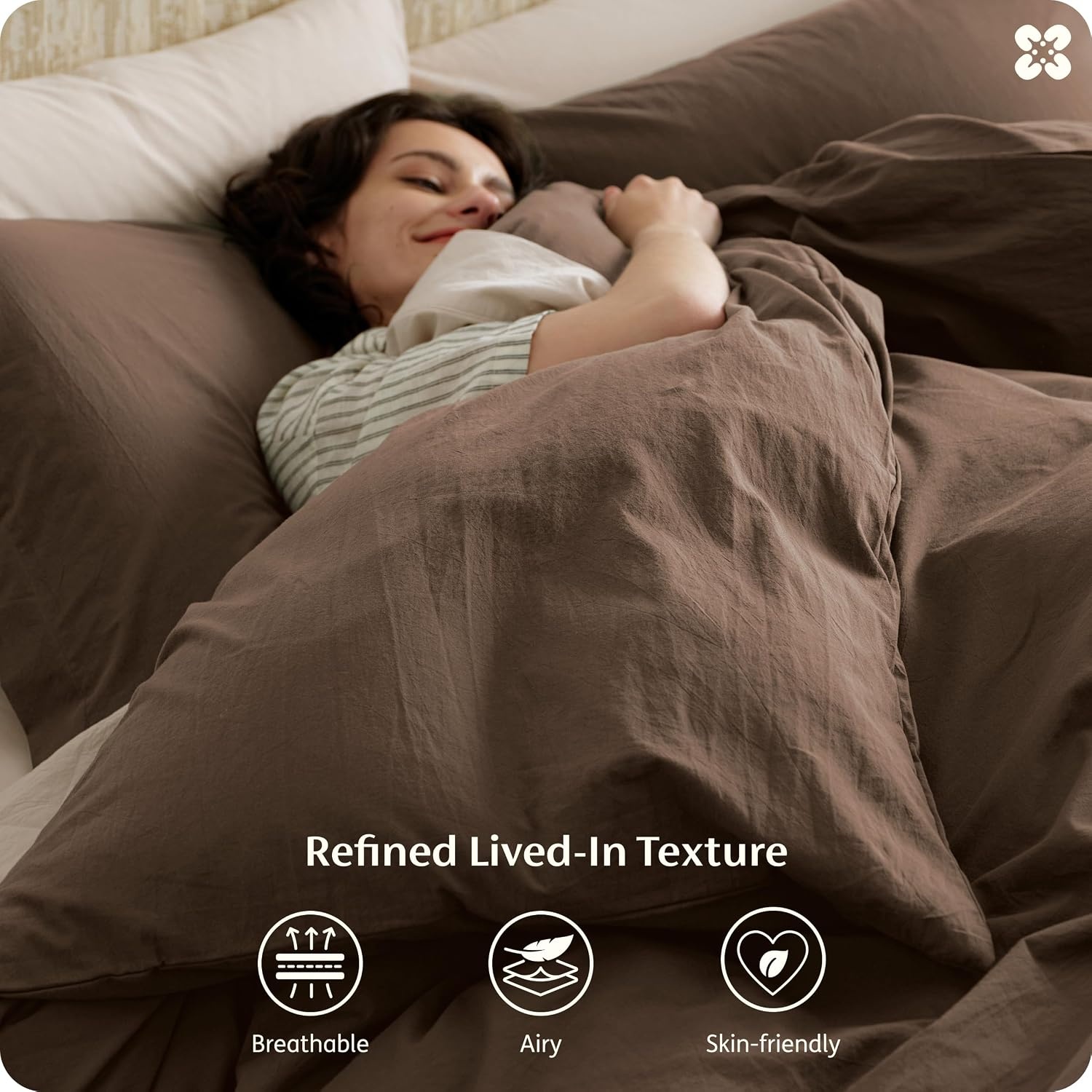 image:imageBedsure PureWoven 100 Washed Cotton Duvet Cover Set Queen Size 3PC Linen Like Texture Percale Breathable Bedding Set for All Seasons Zipper Closure 8 Corner Ties Natural White 90 X 9007 Brown No Comforter