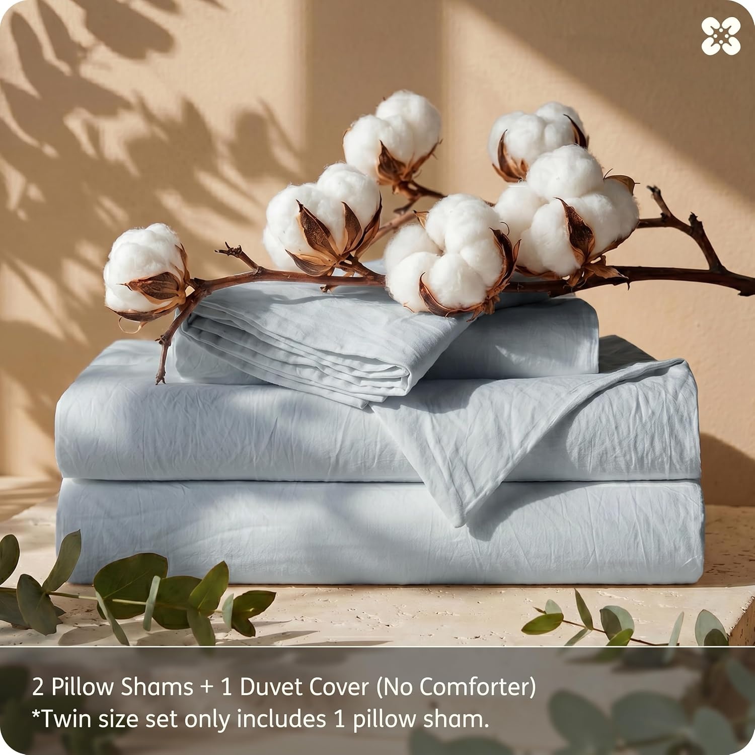 image:imageBedsure PureWoven 100 Washed Cotton Duvet Cover Set Queen Size 3PC Linen Like Texture Percale Breathable Bedding Set for All Seasons Zipper Closure 8 Corner Ties Natural White 90 X 9013 Pastel Blue No Comforter
