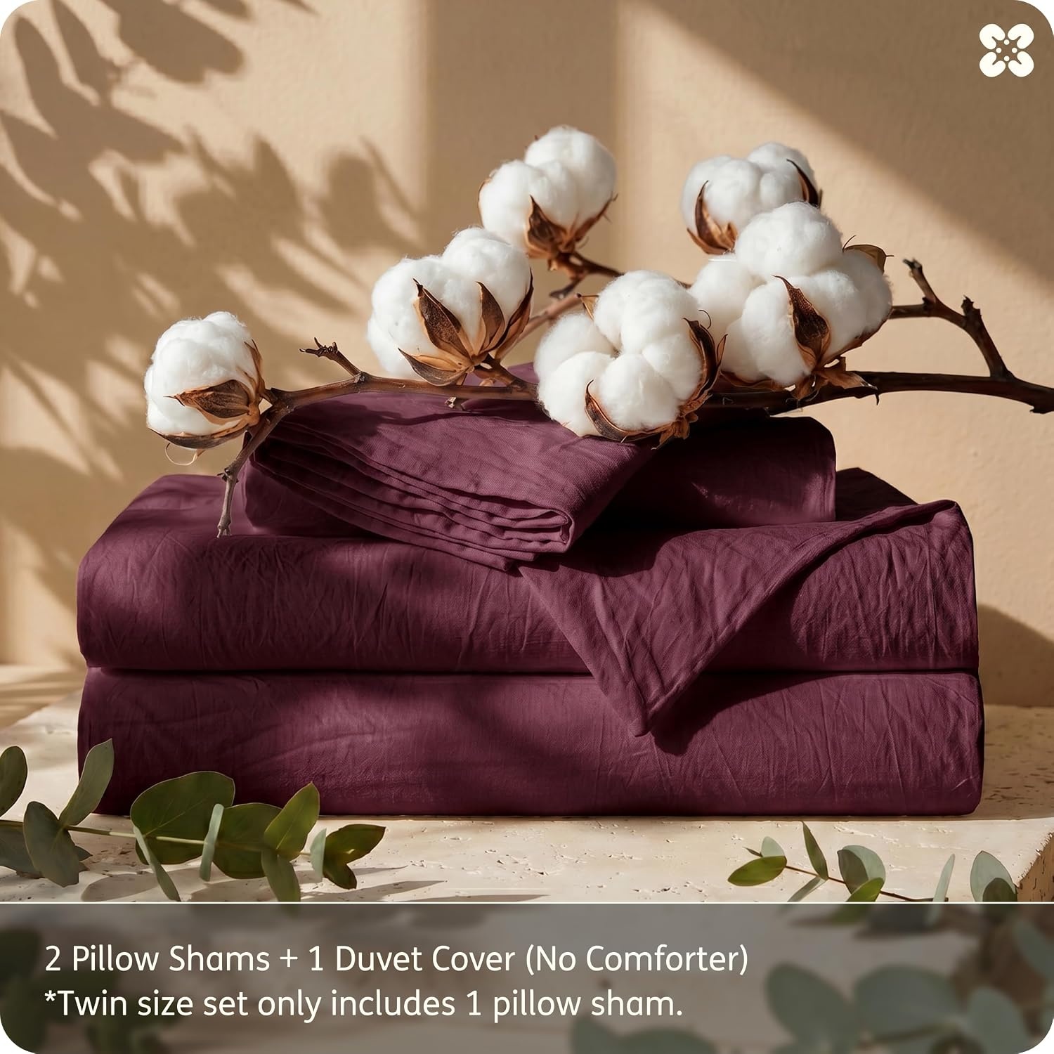 image:imageBedsure PureWoven 100 Washed Cotton Duvet Cover Set Queen Size 3PC Linen Like Texture Percale Breathable Bedding Set for All Seasons Zipper Closure 8 Corner Ties Natural White 90 X 9022 Burgundy No Comforter