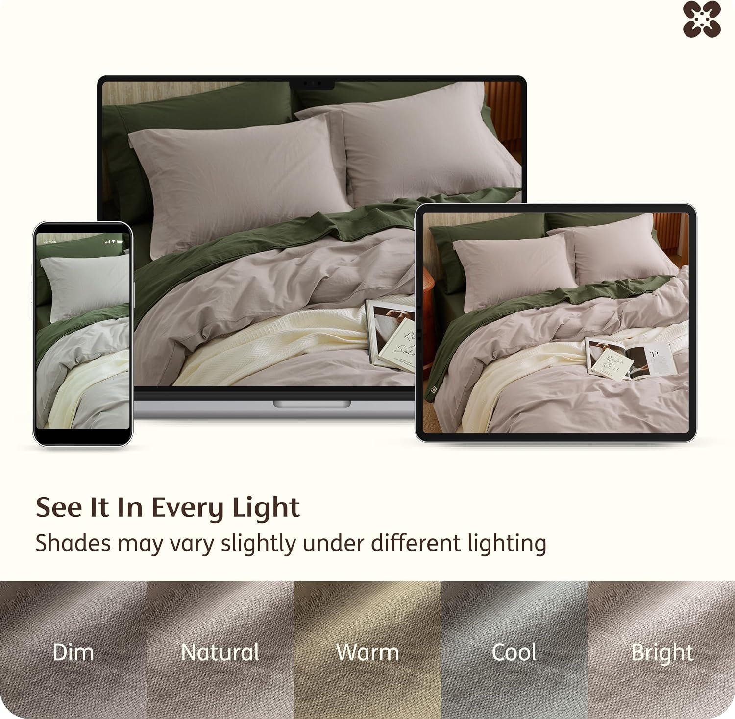 image:imageBedsure PureWoven 100 Washed Cotton Duvet Cover Set Queen Size 3PC Linen Like Texture Percale Breathable Bedding Set for All Seasons Zipper Closure 8 Corner Ties Natural White 90 X 9004 Tan No Comforter