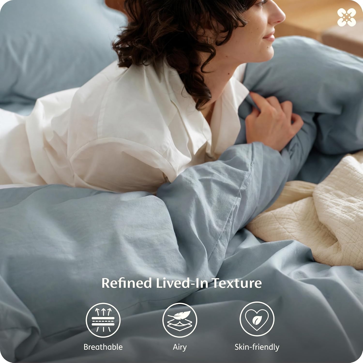image:imageBedsure PureWoven 100 Washed Cotton Duvet Cover Set Queen Size 3PC Linen Like Texture Percale Breathable Bedding Set for All Seasons Zipper Closure 8 Corner Ties Natural White 90 X 9014 Dusty Blue No Comforter