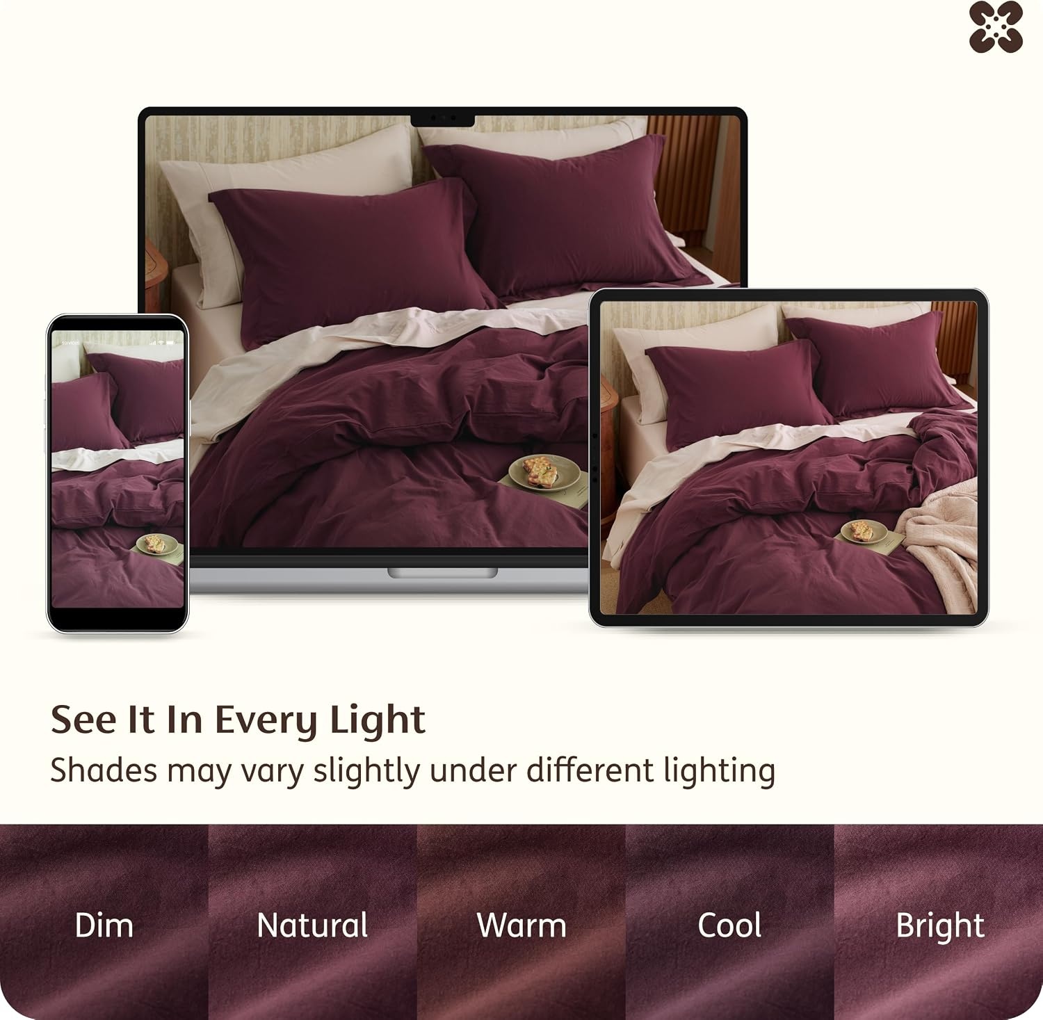 image:imageBedsure PureWoven 100 Washed Cotton Duvet Cover Set Queen Size 3PC Linen Like Texture Percale Breathable Bedding Set for All Seasons Zipper Closure 8 Corner Ties Natural White 90 X 9022 Burgundy No Comforter