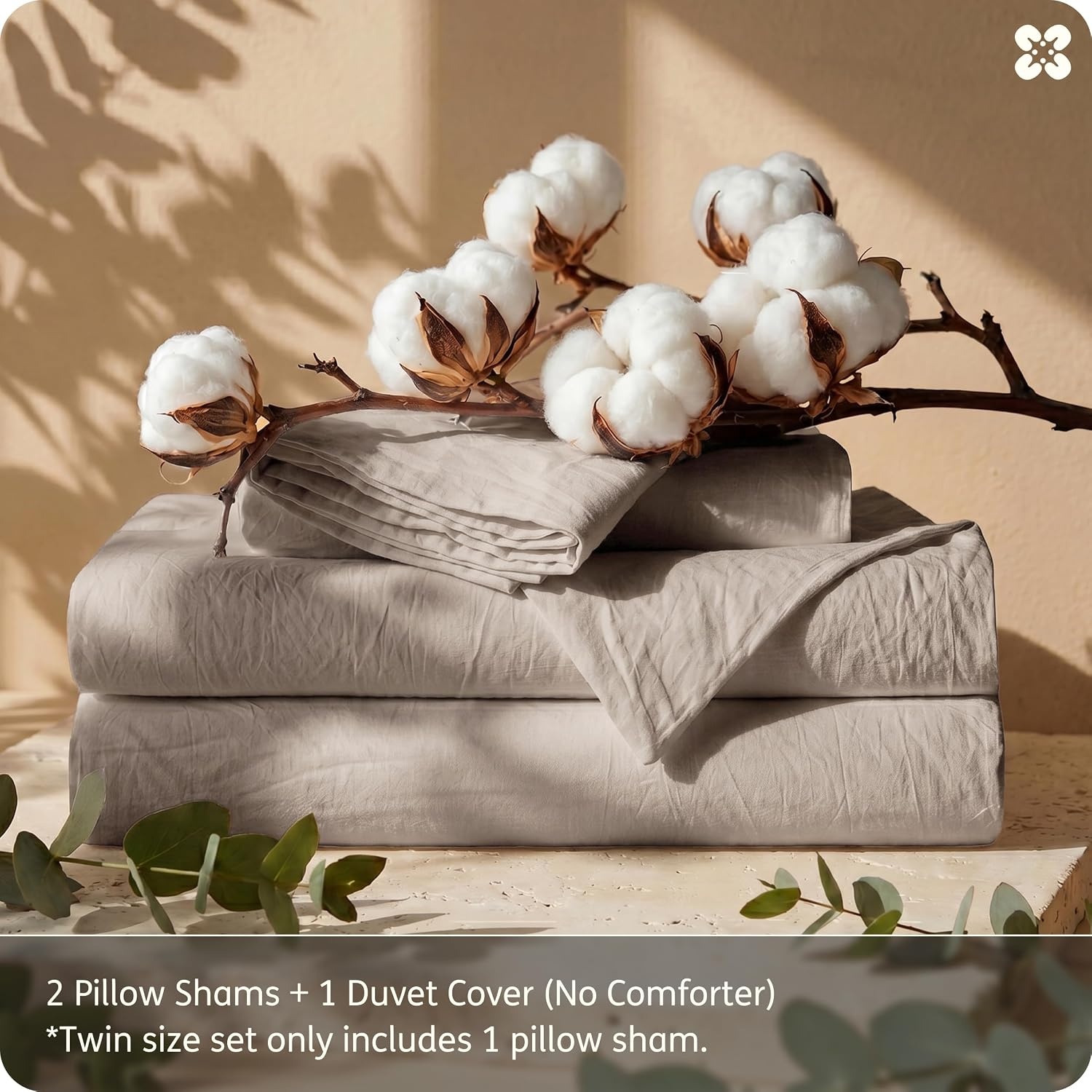 image:imageBedsure PureWoven 100 Washed Cotton Duvet Cover Set Queen Size 3PC Linen Like Texture Percale Breathable Bedding Set for All Seasons Zipper Closure 8 Corner Ties Natural White 90 X 9004 Tan No Comforter