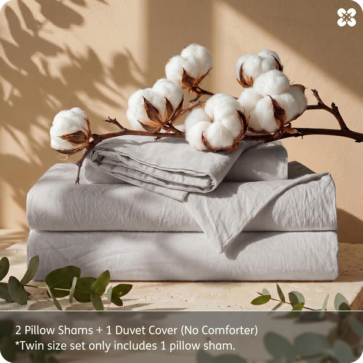 image:imageBedsure PureWoven 100 Washed Cotton Duvet Cover Set Queen Size 3PC Linen Like Texture Percale Breathable Bedding Set for All Seasons Zipper Closure 8 Corner Ties Natural White 90 X 9018 Light Grey No Comforter