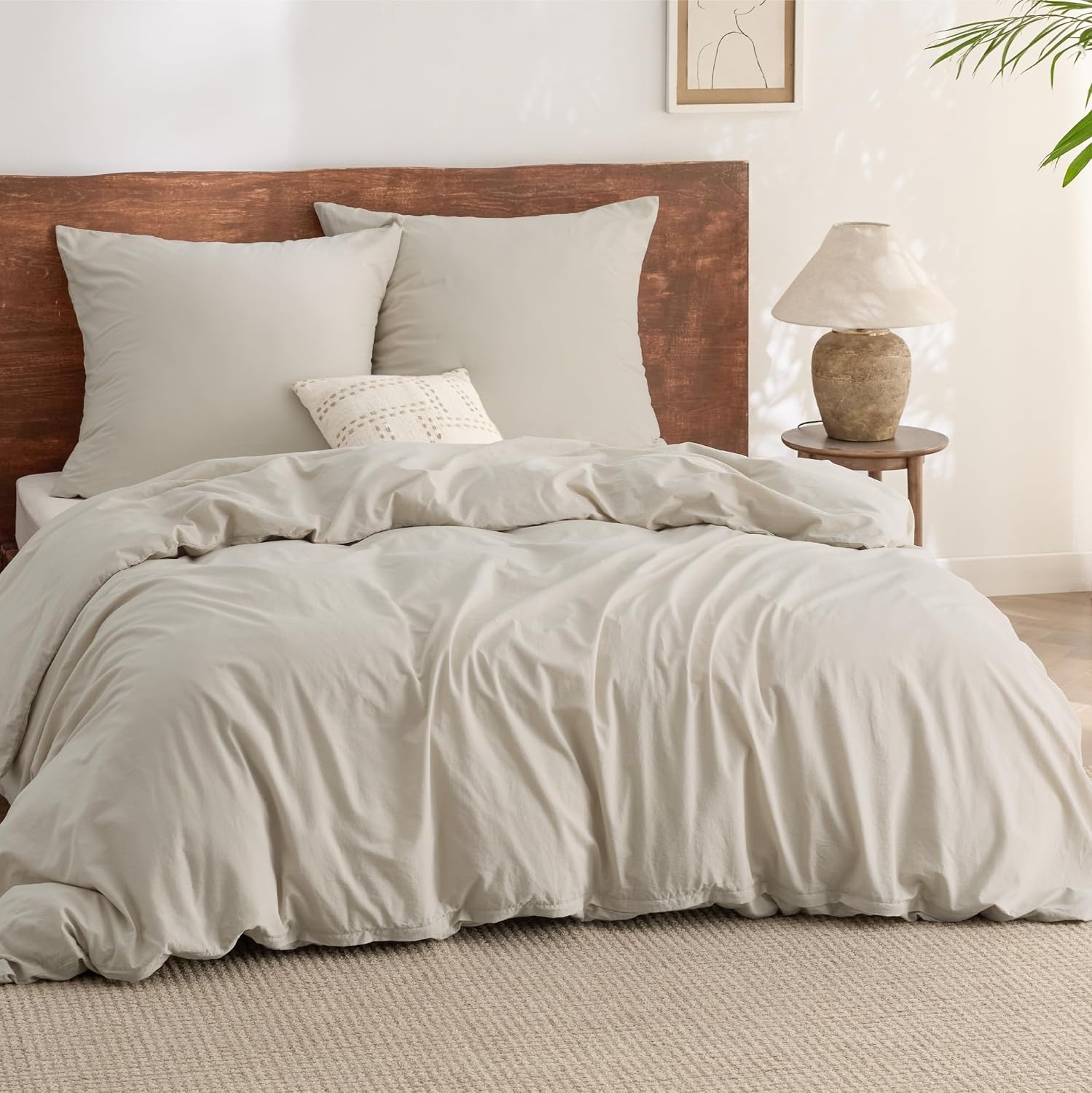 image:imageBedsure PureWoven 100 Washed Cotton Duvet Cover Set Queen Size 3PC Linen Like Texture Percale Breathable Bedding Set for All Seasons Zipper Closure 8 Corner Ties Natural White 90 X 9021 Black No Comforter