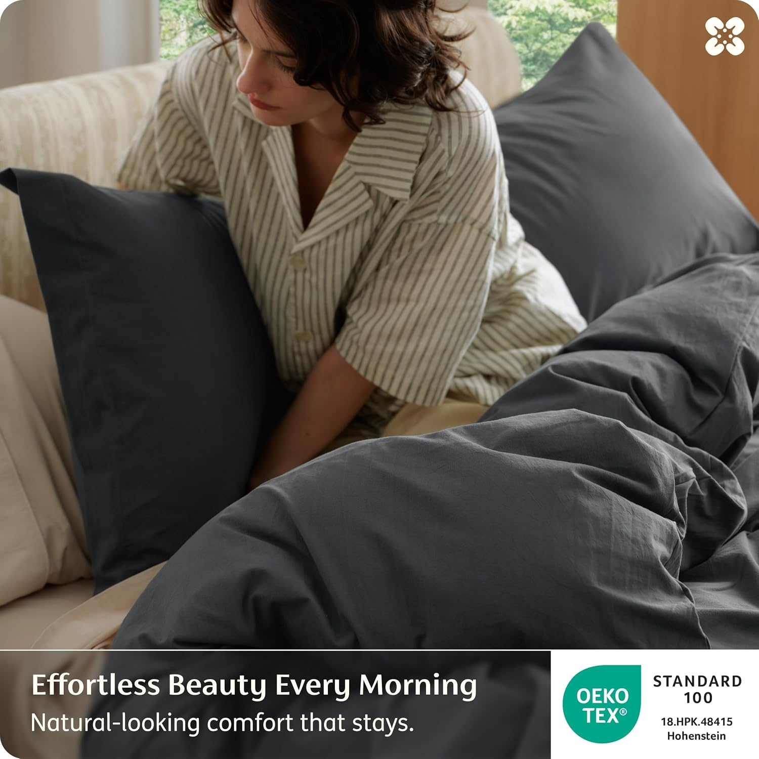 image:imageBedsure PureWoven 100 Washed Cotton Duvet Cover Set Queen Size 3PC Linen Like Texture Percale Breathable Bedding Set for All Seasons Zipper Closure 8 Corner Ties Natural White 90 X 9020 Charcoal No Comforter