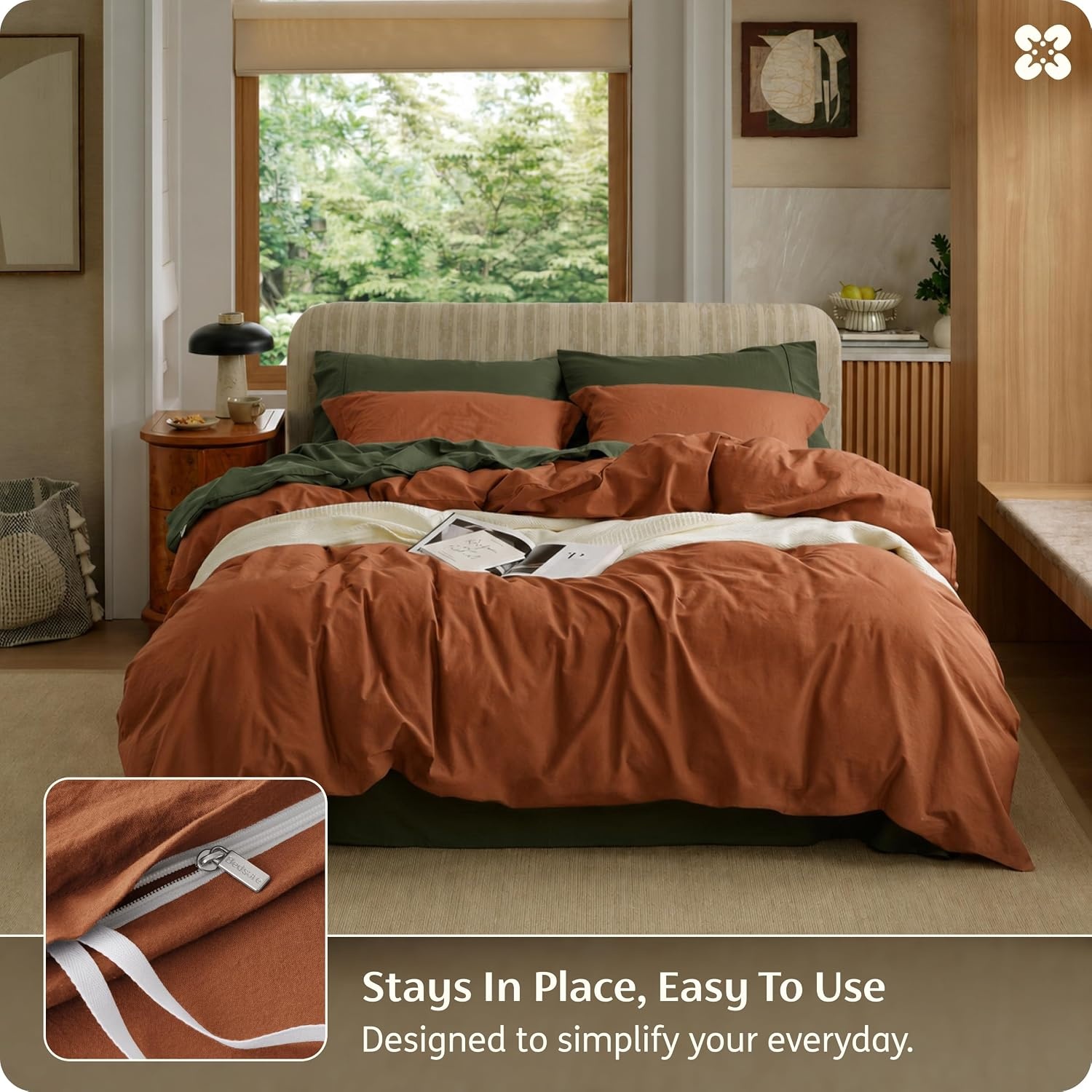image:imageBedsure PureWoven 100 Washed Cotton Duvet Cover Set Queen Size 3PC Linen Like Texture Percale Breathable Bedding Set for All Seasons Zipper Closure 8 Corner Ties Natural White 90 X 9024 Burnt Orange No Comforter