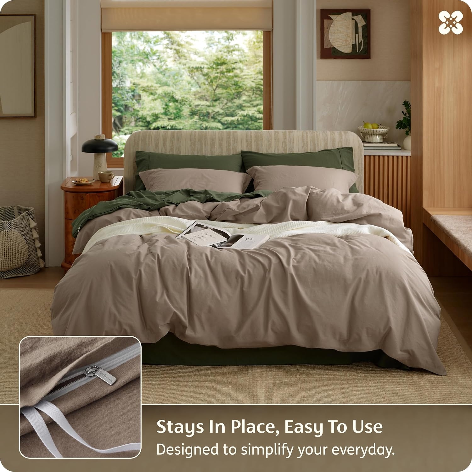 image:imageBedsure PureWoven 100 Washed Cotton Duvet Cover Set Queen Size 3PC Linen Like Texture Percale Breathable Bedding Set for All Seasons Zipper Closure 8 Corner Ties Natural White 90 X 9006 Light Brown No Comforter
