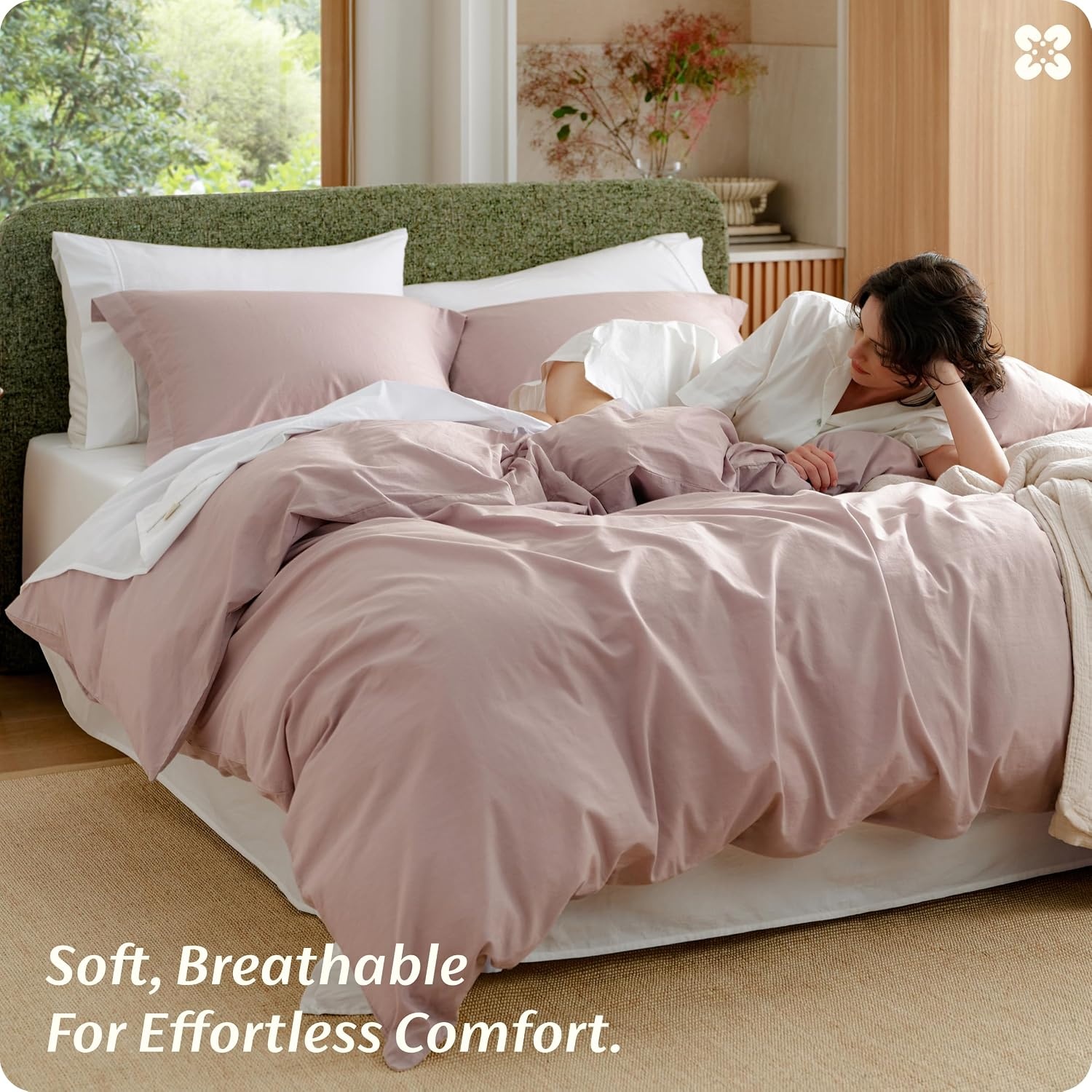 image:imageBedsure PureWoven 100 Washed Cotton Duvet Cover Set Queen Size 3PC Linen Like Texture Percale Breathable Bedding Set for All Seasons Zipper Closure 8 Corner Ties Natural White 90 X 9021 Black No Comforter