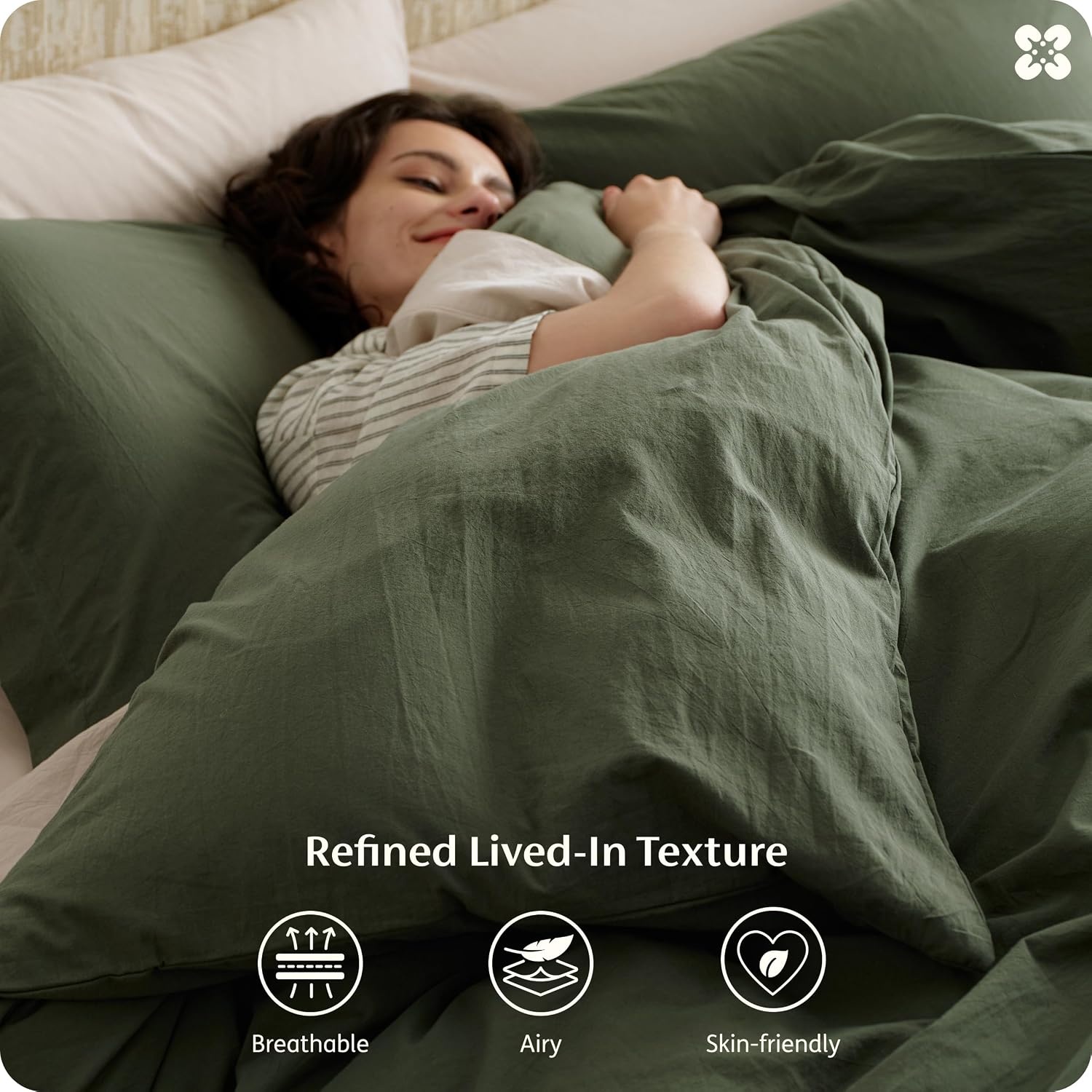 image:imageBedsure PureWoven 100 Washed Cotton Duvet Cover Set Queen Size 3PC Linen Like Texture Percale Breathable Bedding Set for All Seasons Zipper Closure 8 Corner Ties Natural White 90 X 9011 Olive Green No Comforter