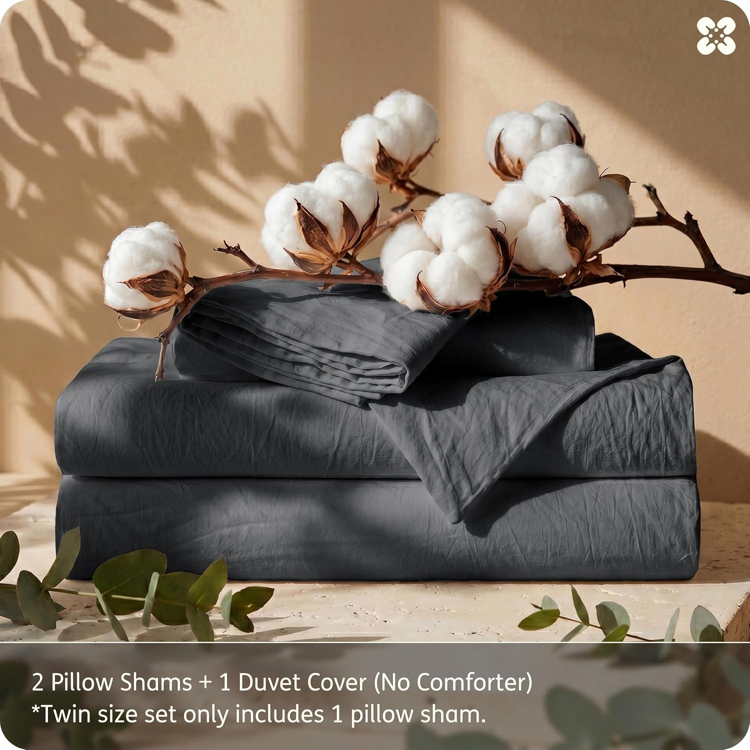 image:imageBedsure PureWoven 100 Washed Cotton Duvet Cover Set Queen Size 3PC Linen Like Texture Percale Breathable Bedding Set for All Seasons Zipper Closure 8 Corner Ties Natural White 90 X 9020 Charcoal No Comforter