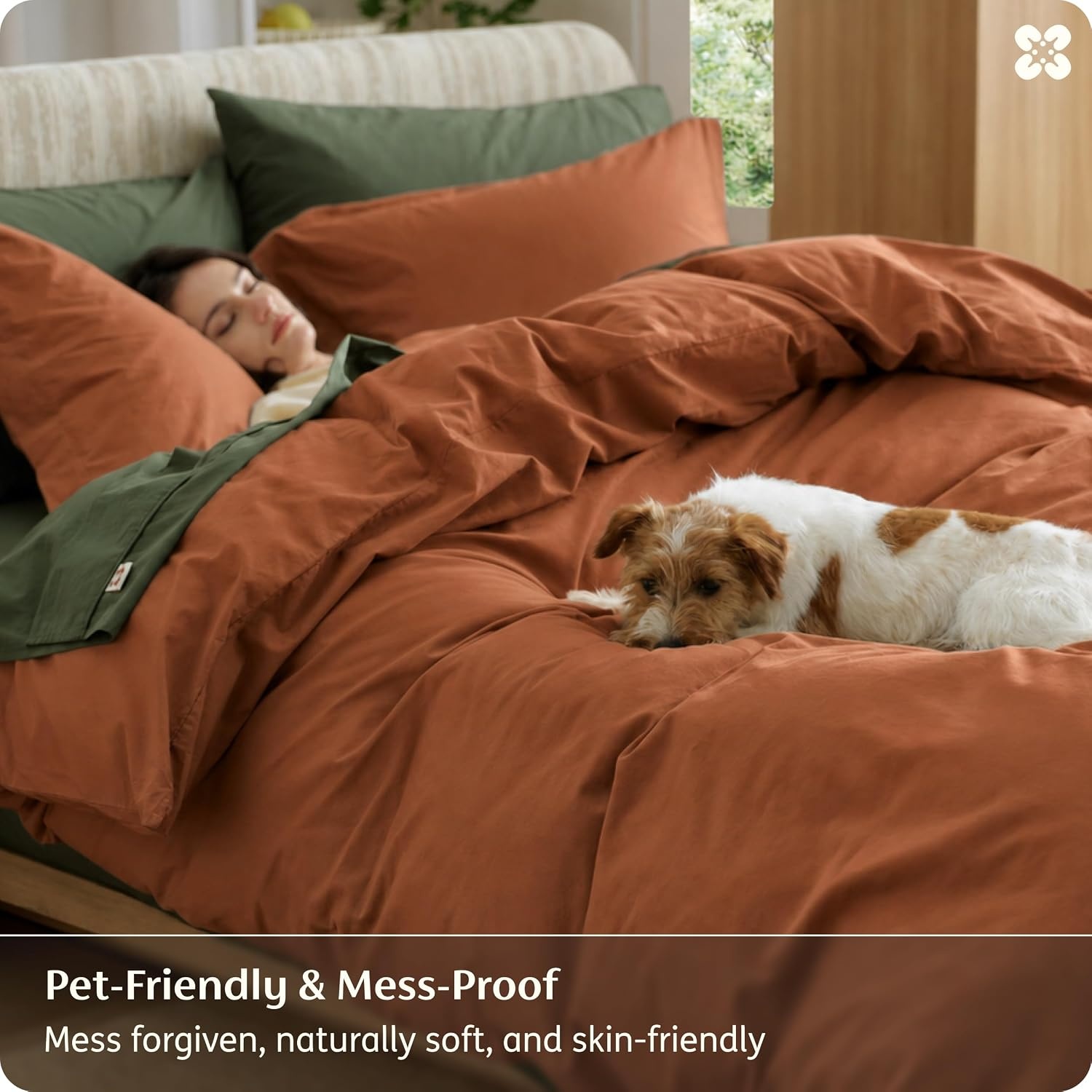 image:imageBedsure PureWoven 100 Washed Cotton Duvet Cover Set Queen Size 3PC Linen Like Texture Percale Breathable Bedding Set for All Seasons Zipper Closure 8 Corner Ties Natural White 90 X 9024 Burnt Orange No Comforter